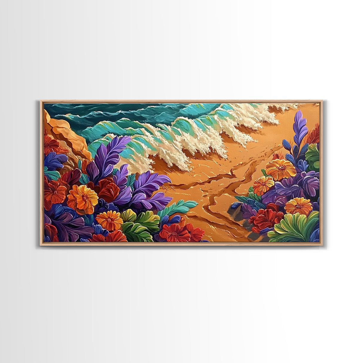 Tropical, Flower, Wave Art, Framed Canvas Print, coastal floral seascape painting, vibrant Summer Decor, Bathroom Wall Art, boho art