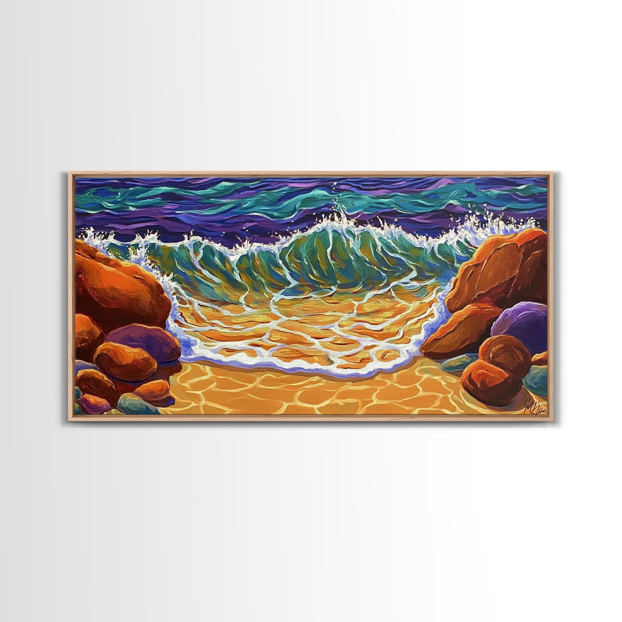 Wave Shoreline, Rocks, Splash, Vibrant ocean wall art, coastal home decor, Canvas Print, bathroom beach art, bold seascape painting