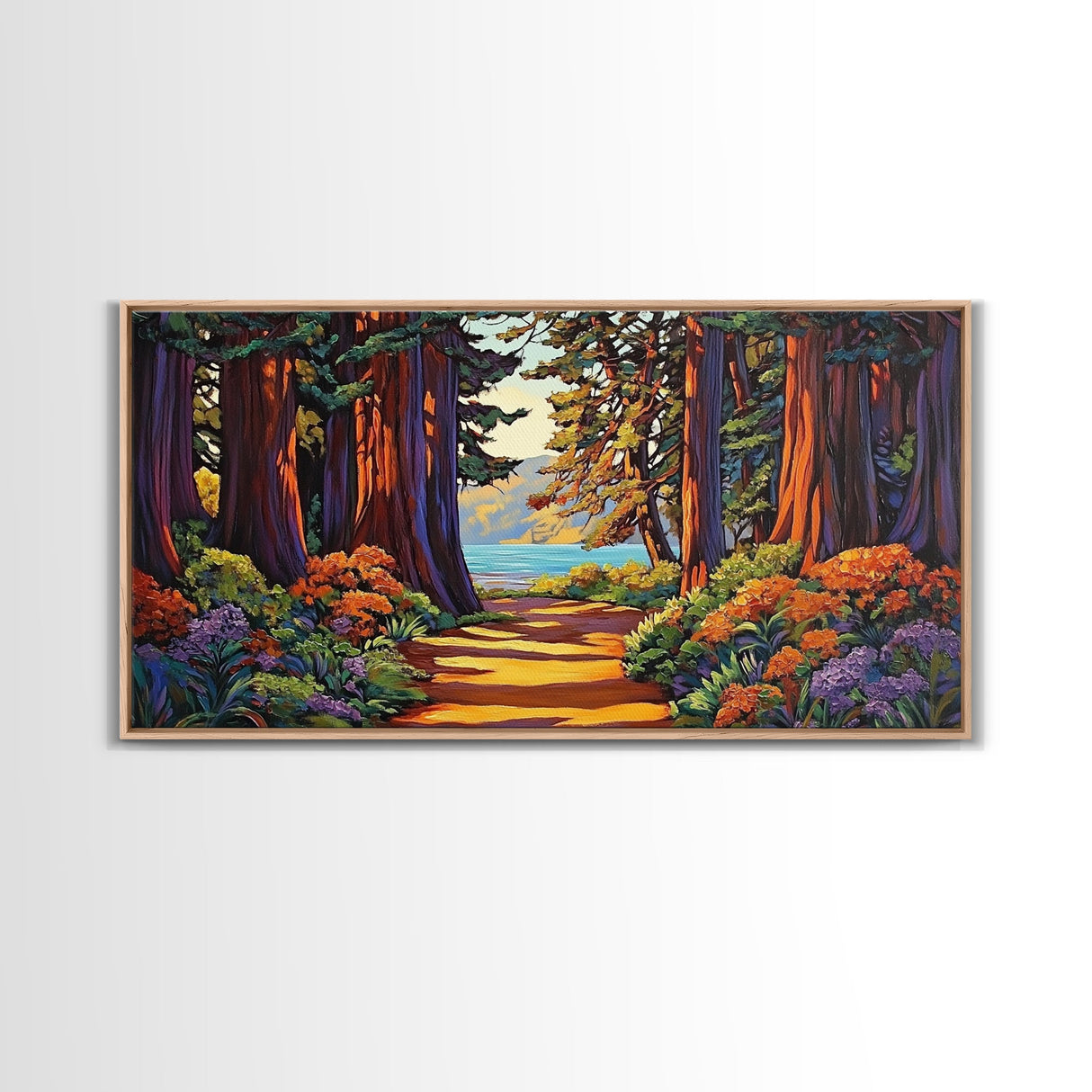 Forest Path, Ocean, Framed Canvas Print, Redwood forest trail to ocean scene, Nature inspired art, Rustic Living Room Wall Art