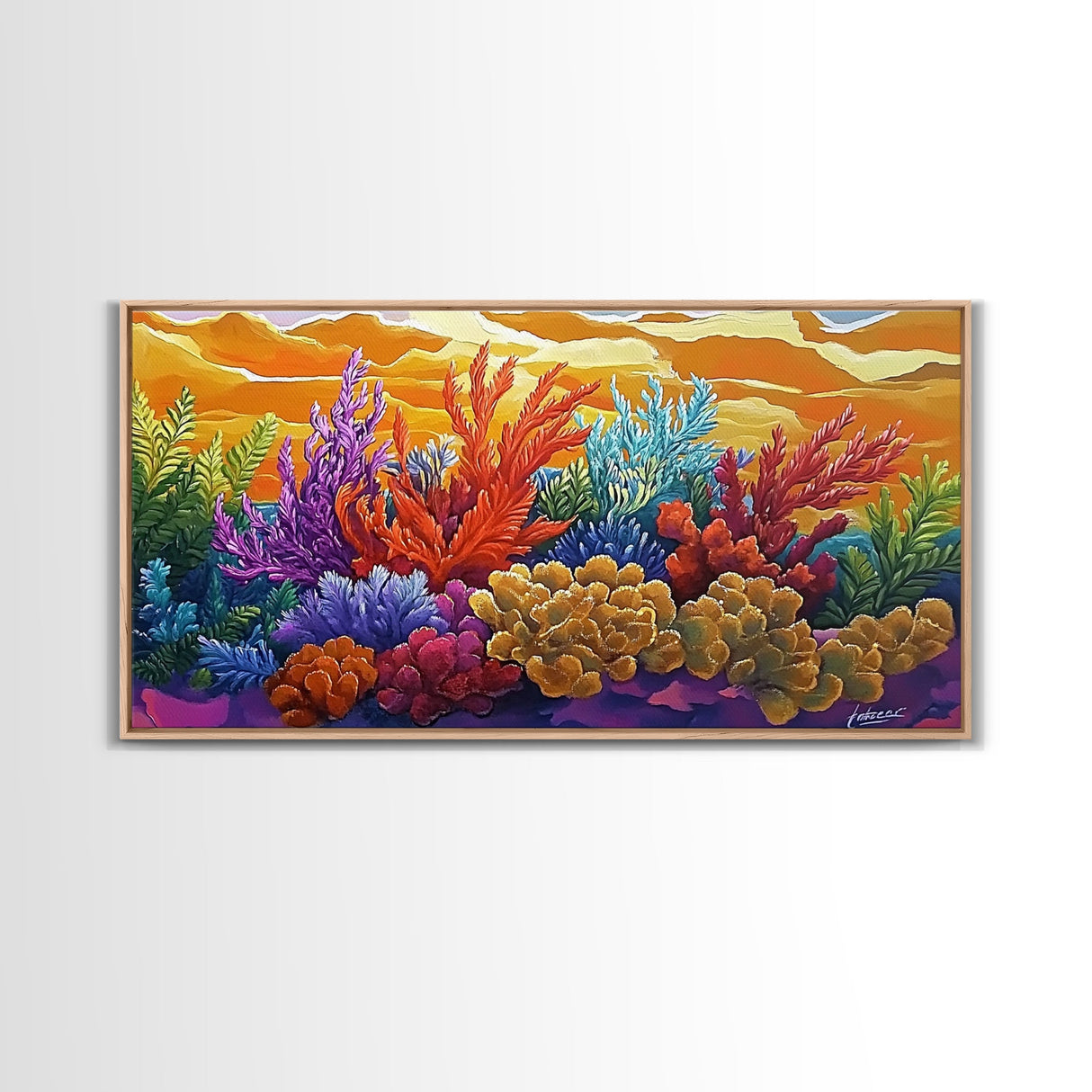 Reef Sunset, Underwater, Framed Canvas Print, Vibrant coral reef with tropical plants, sunset sky, Beachy decor, Bathroom Wall Art