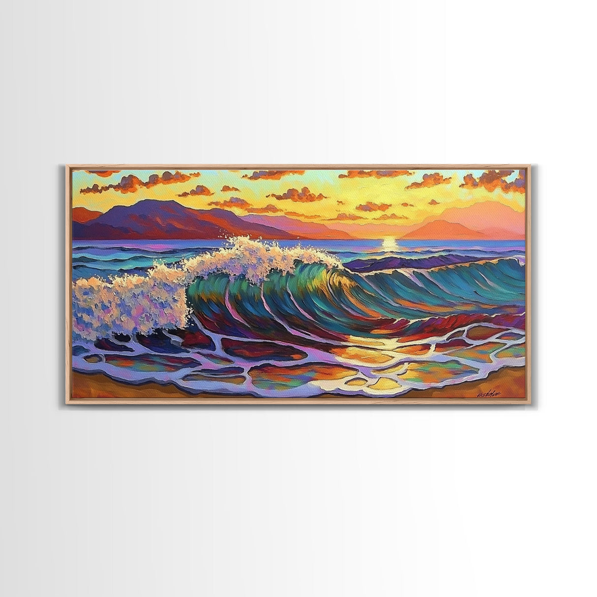 Waves Surf, Sunset, Framed Canvas Print, Colorful crashing wave with glowing sunset sky, Coastal Surfer Decor, Beach House Wall Art