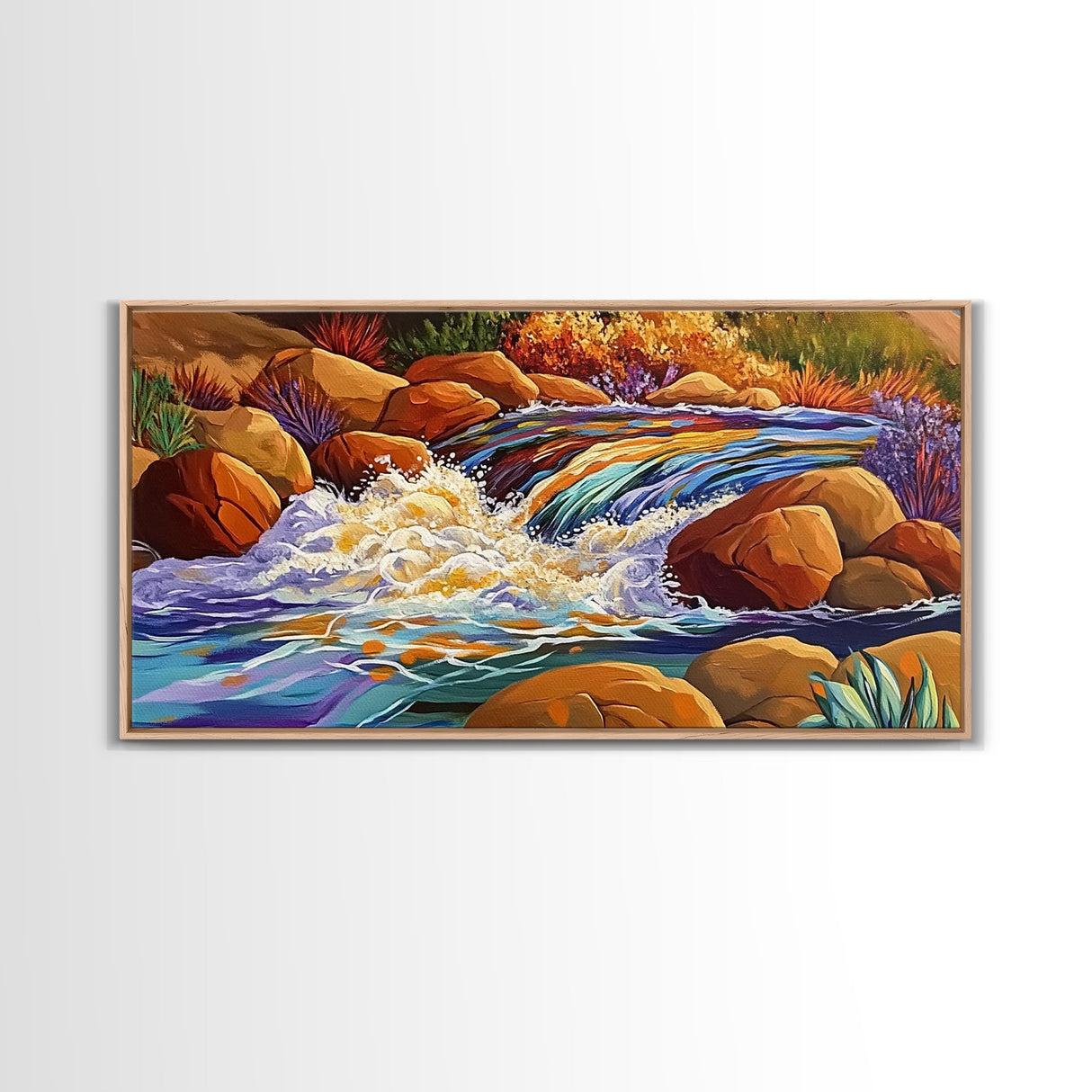 Autumn River, Rocks, Splash, Framed Canvas Print, colorful waterfall painting, nature wall art, rustic cabin decor, landscape art