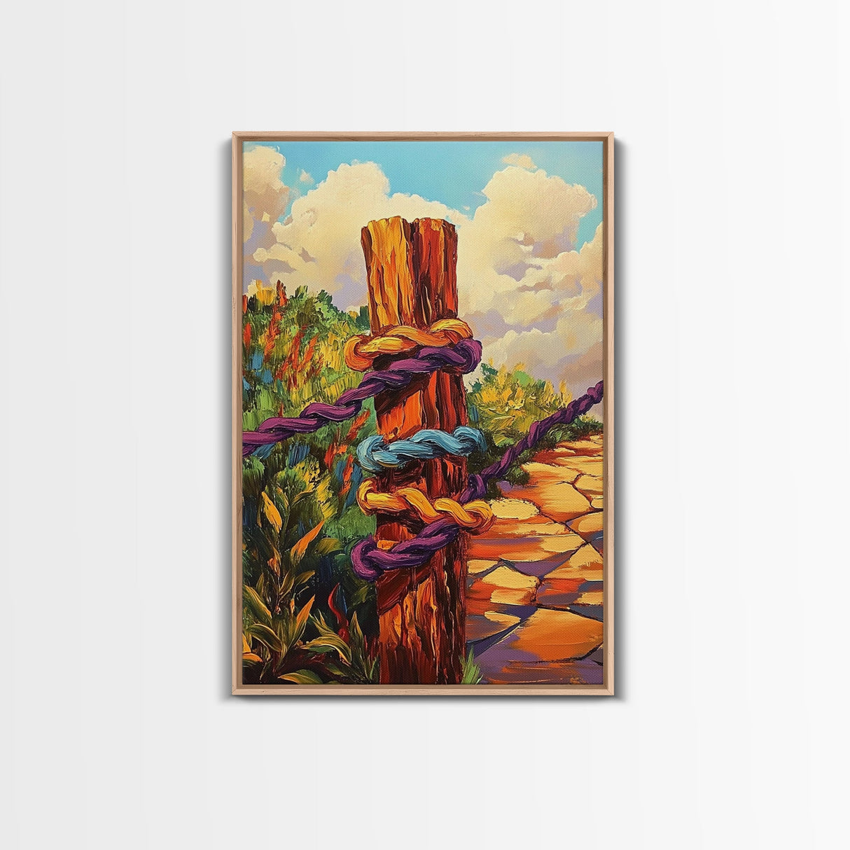 Post Rope, Path, Nature, Canvas Print, rustic fence art, countryside boho decor, vibrant outdoor scene, cozy cabin wall art, hallway style