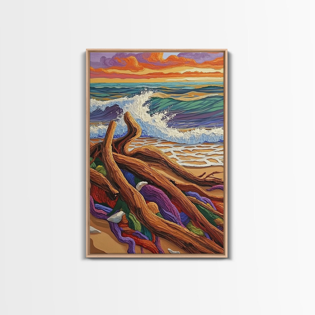 Driftwood Waves, Beach, Sunset, Framed Canvas Print, Coastal stormy beach scene, textured seascape painting, Nautical Bathroom Wall Art