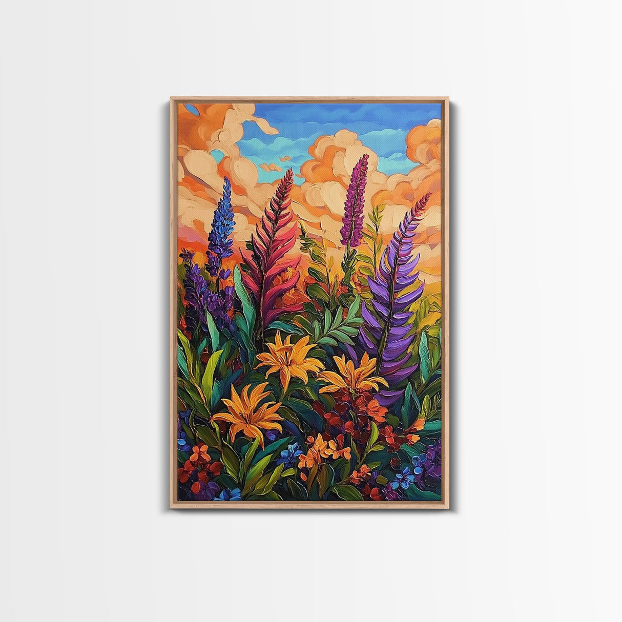 Vibrant Autumn, Blooms, Landscape, Framed Canvas Print, Bright Wildflower Artwork, Living Room Wall Art, Colorful Fall Floral Boho Painting