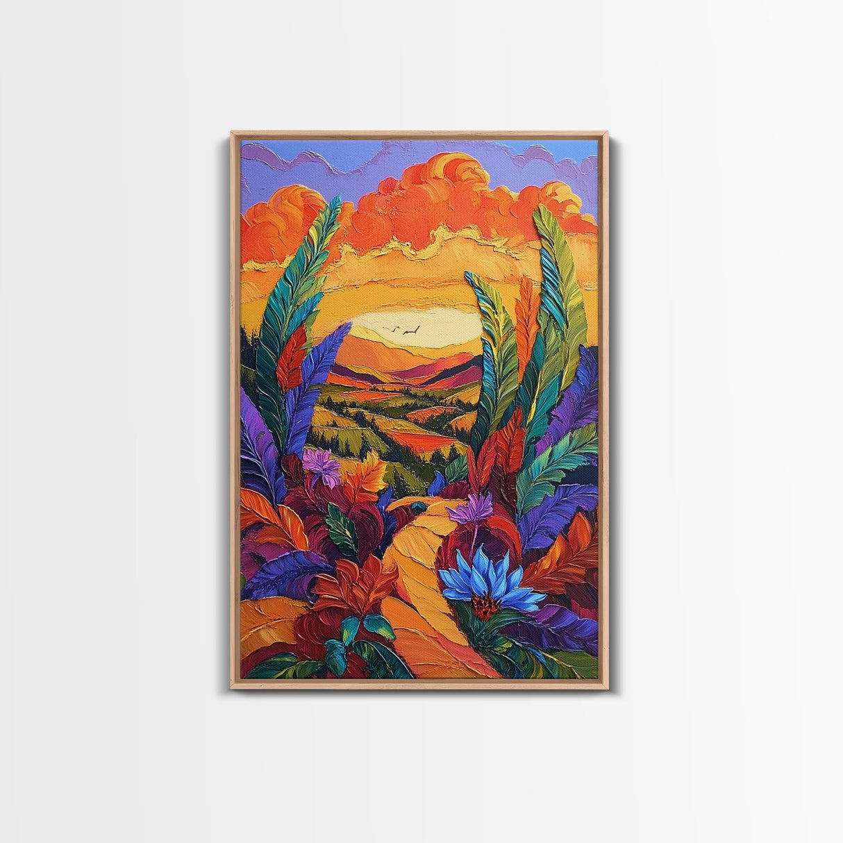 Bold Sunset, Path, Feathers, Canvas Print, Autumn Wall Art, Boho Nature Decor, Warm Colorful Hallway Art, Eclectic Landscape Painting