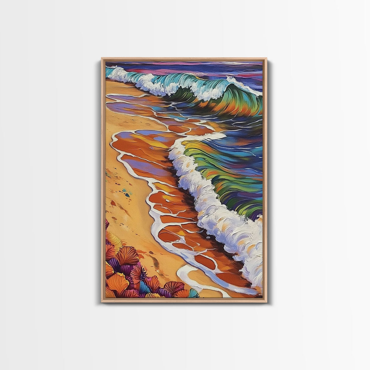 Beach Waves, Sunset, Framed Canvas Print, Vibrant Coastal Wall Art, Tropical Ocean Decor, Colorful Living Room Wall Art, Boho Beach Print