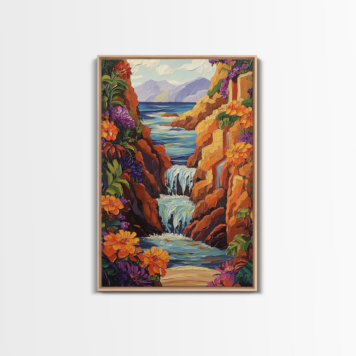 Waterfall Cliffs, Ocean, Framed Canvas Print, Tropical Canyon Wall Art, Colorful Nature Inspired Decor, Bathroom art, Entryway Wall Art
