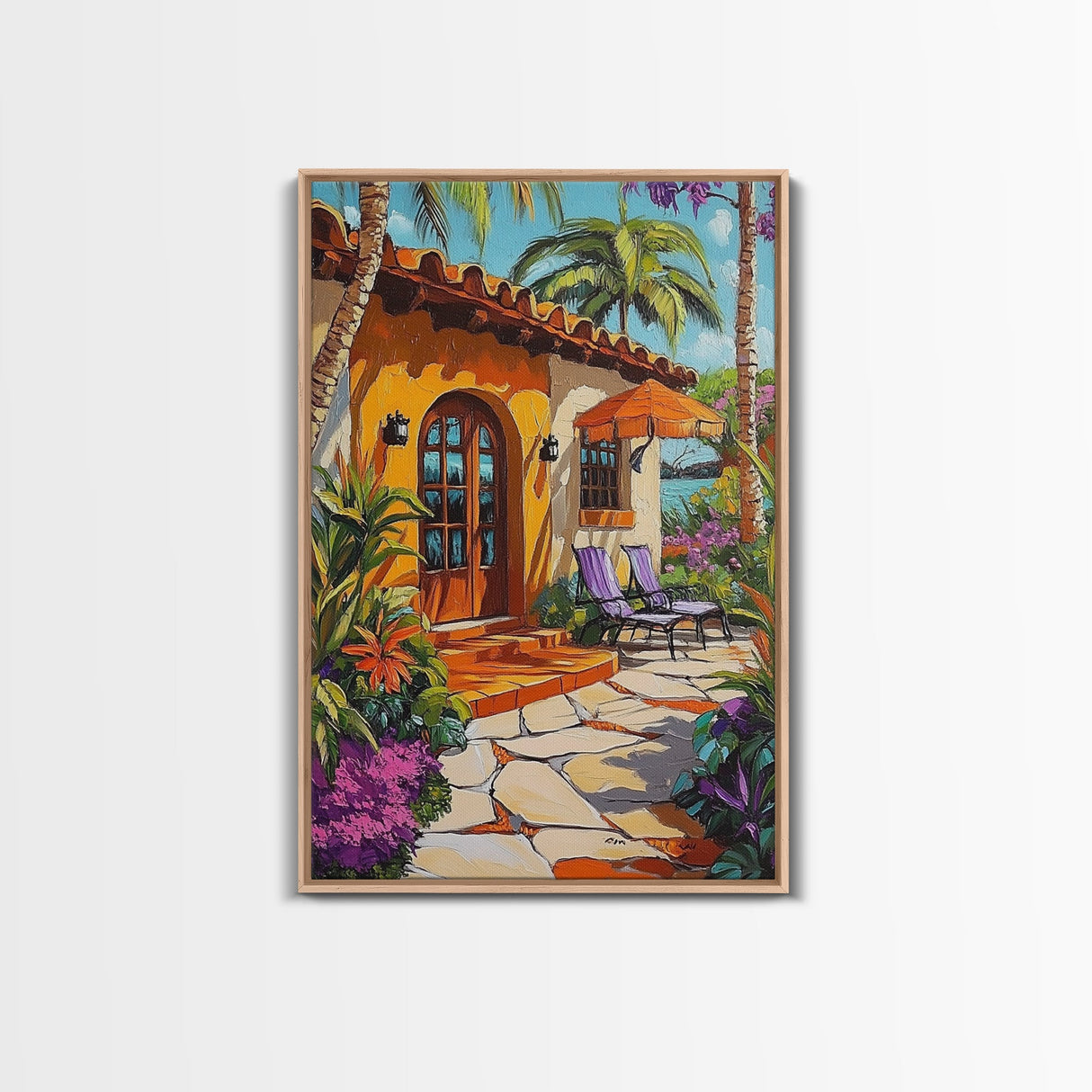 Villa Poolside, Palm, Paradise, Framed Canvas Print, tropical patio wall art, coastal Mediterranean decor, outdoor relaxation art, boho vibe
