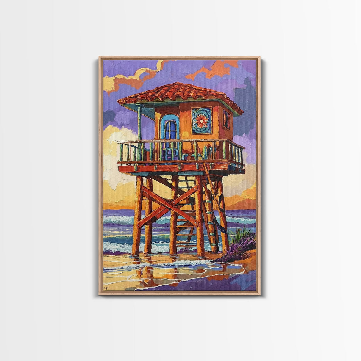 Lifeguard Ocean, Surf, Sunset, Framed Canvas Print, Vibrant Lifeguard Tower Canvas, Surf Shack Painting, Beach Wall Art, Living Room Accent