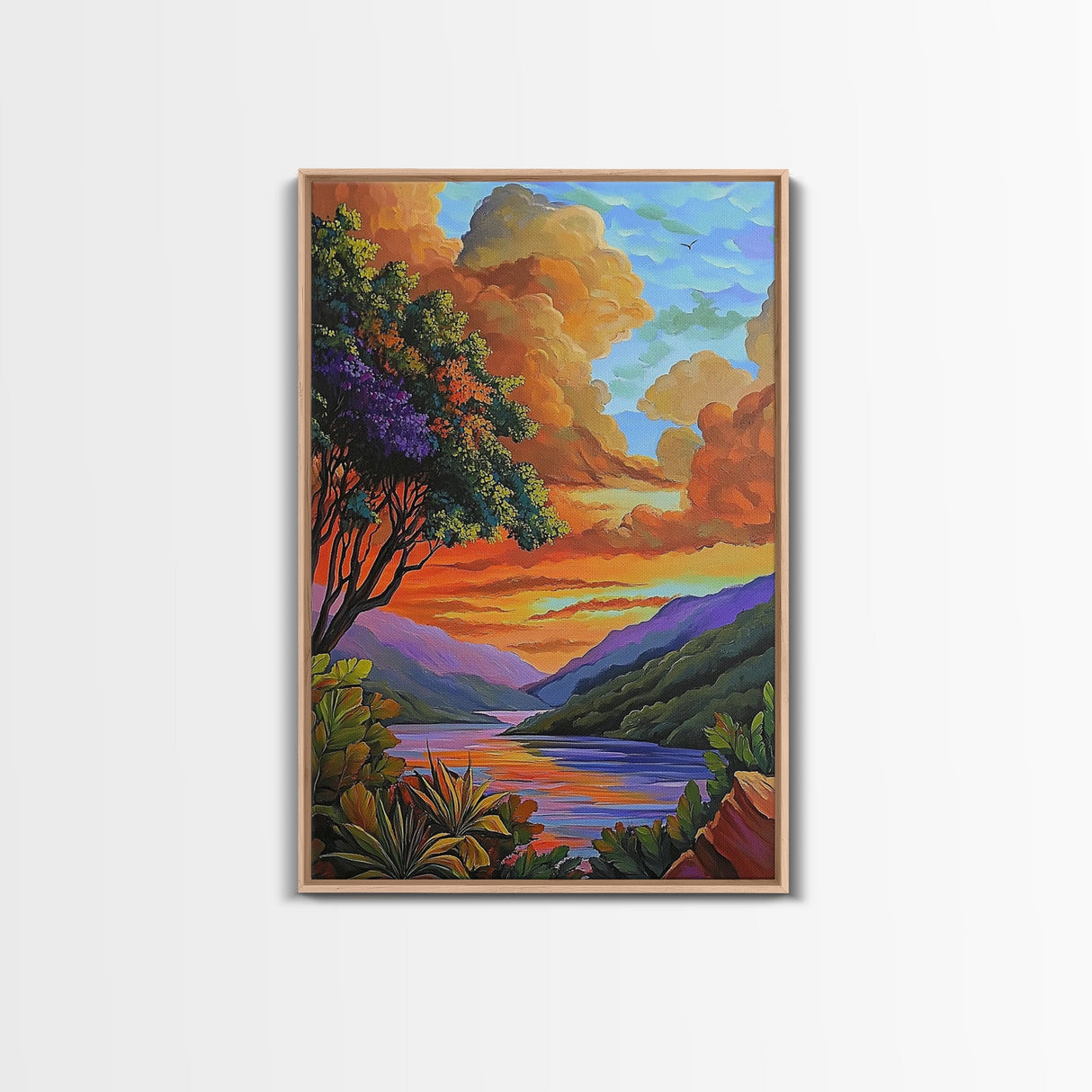 Sunset Lake, Tree, Vivid Nature Framed Canvas Print, Autumn Scenic Wall Art, Bedroom Fall Landscape Decor, Impressionist Style