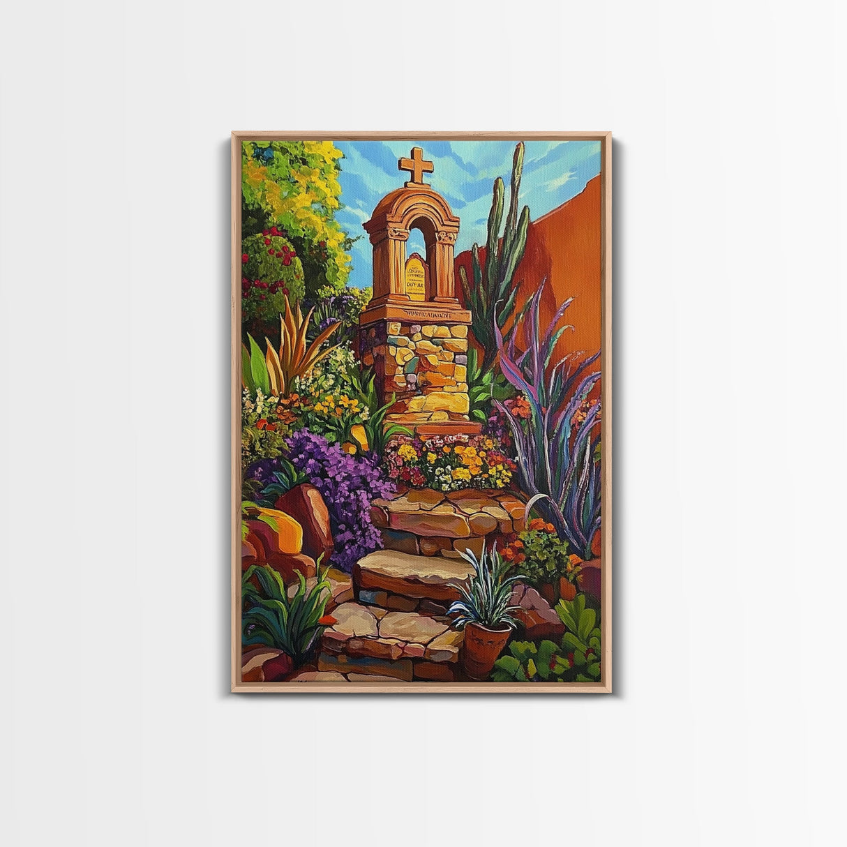 Garden Shrine, Stone Steps, Mission Style, Framed Canvas Print, colorful religious art, desert decor, boho rustic, Living Room Wall Art