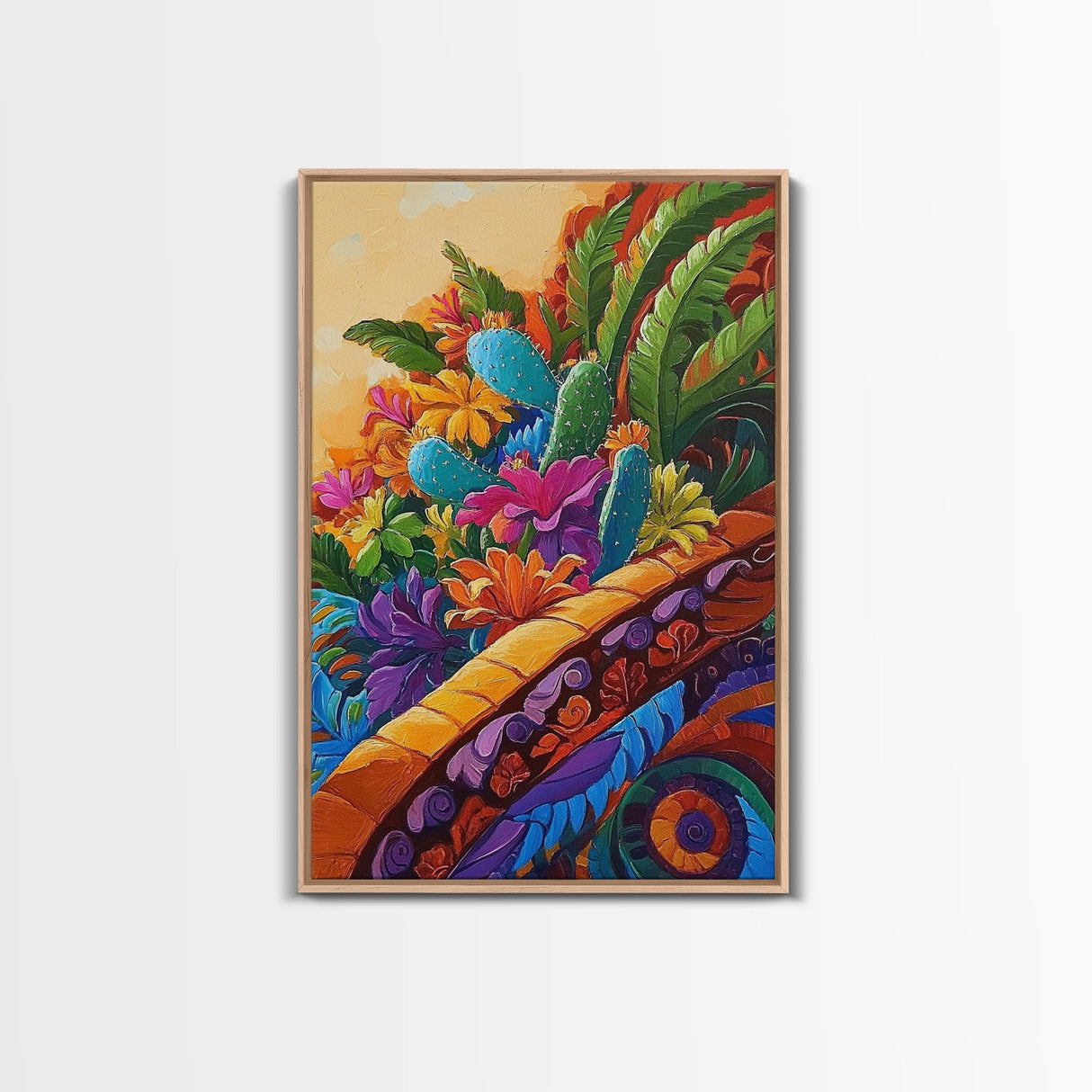 Fiesta Garden, Cactus Flowers, Bright Patio, Mexican Blooms, Framed Canvas Print, Kitchen Wall Art, boho floral decor, folk charm