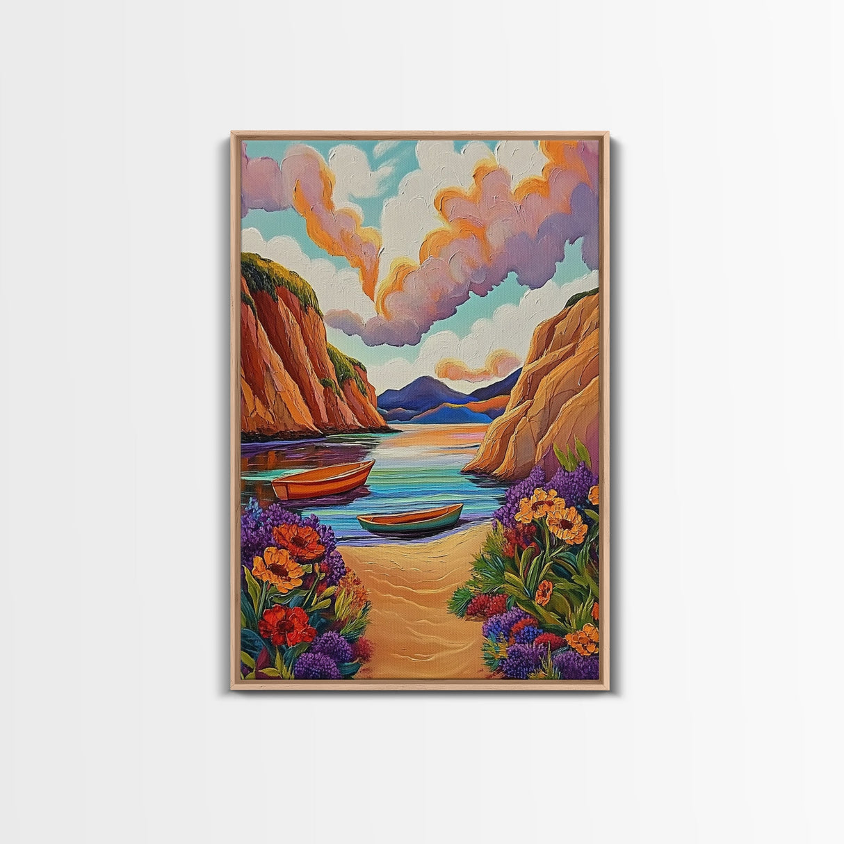 Sunset Boats, Tranquil Cove, Coastal Wall Decor, Framed Canvas Print, Beach House Art, Pastel Sky Painting, Colorful Nautical Art