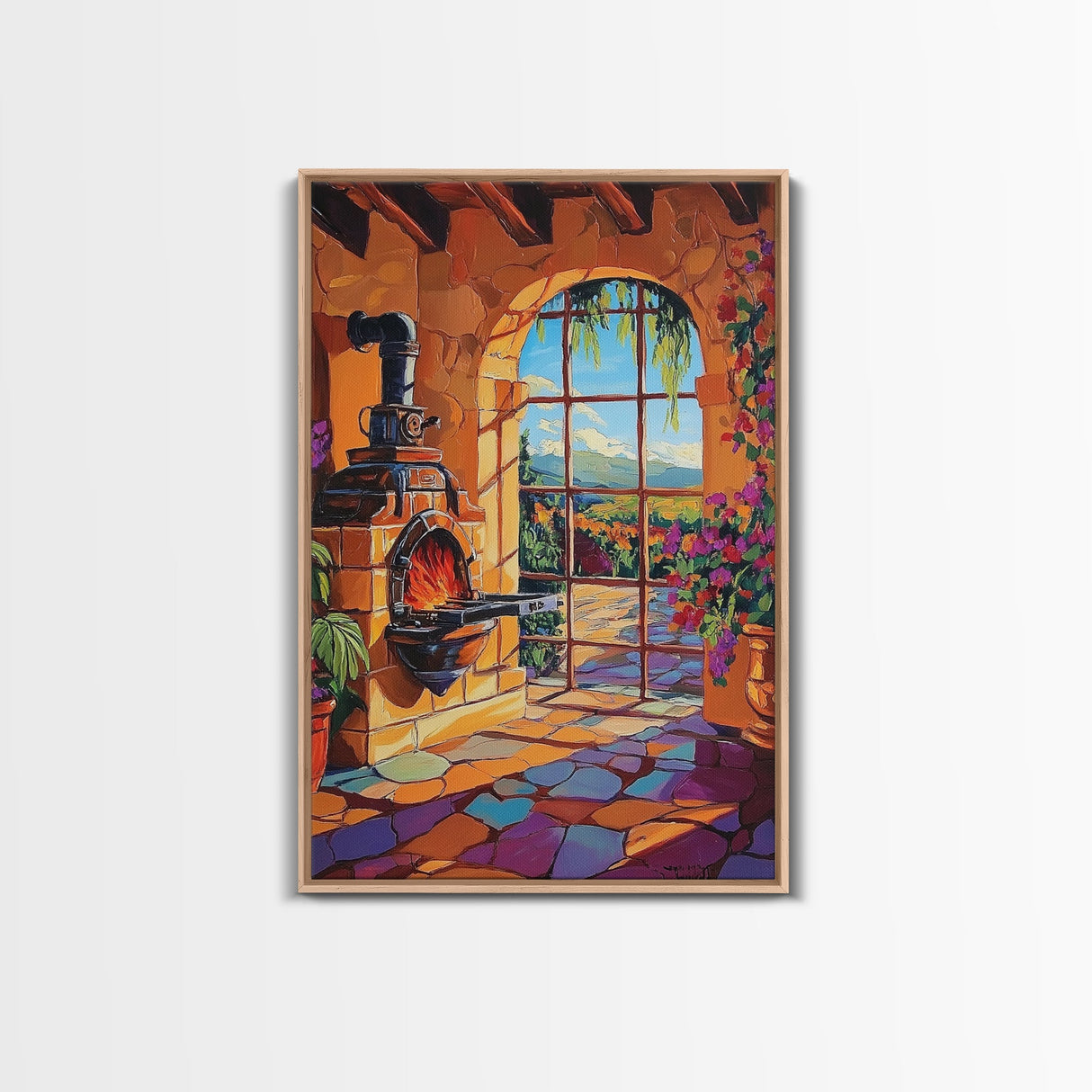 Fireplace View, Warmth, Canvas Print, Rustic Tuscany kitchen wall art, warm cozy interior, country boho style, Mediterranean home decor