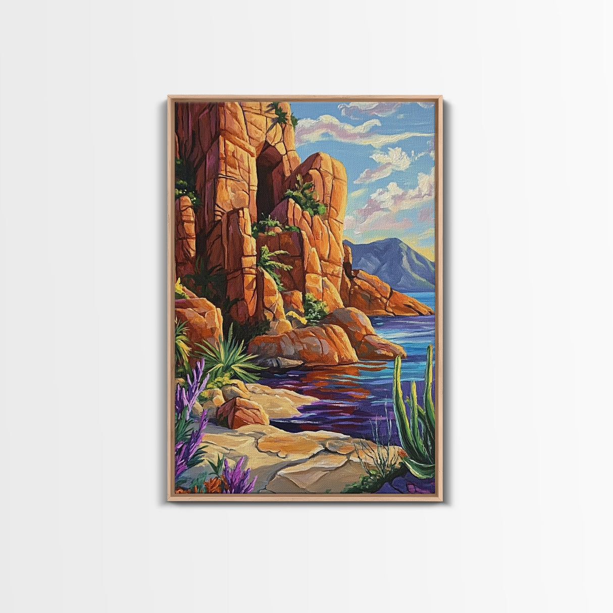 Desert Cliffside, Ocean View, Nature Painting, Colorful Landscape, Living Room Wall Art, Framed Canvas Print, Southwest Home Decor