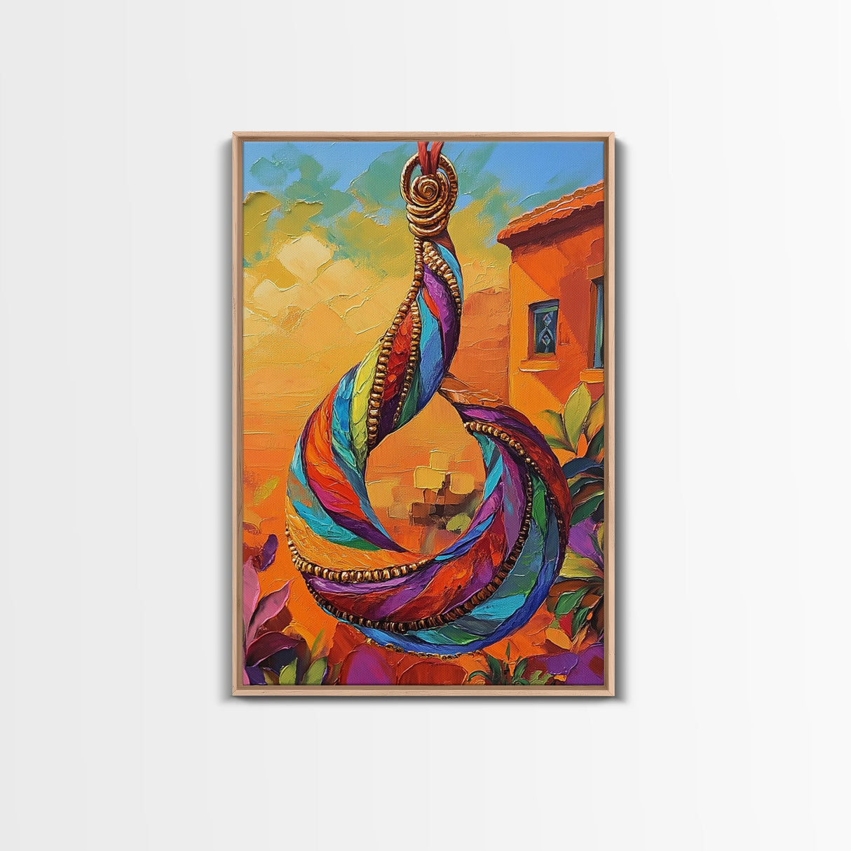 Colorful Pendant, Abstract Jewelry, Bohemian Style, Artistic Decor, Warm Sunset Tones, Bedroom Wall Art, Framed Canvas Print