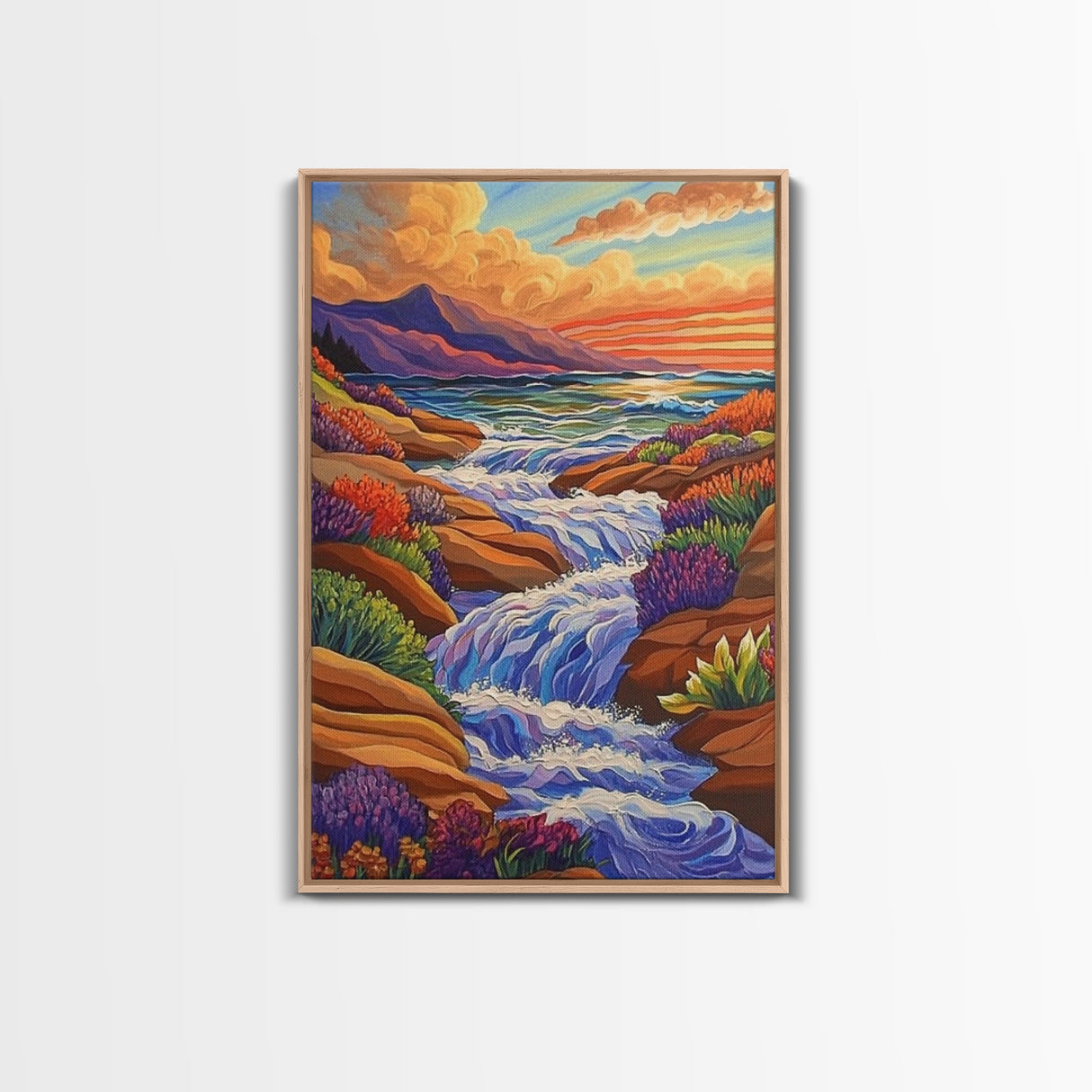 Waterfall Stream, Sunset Sky, Mountain Flow, Fall Colors, Nature Home Decor, Rustic Cabin Vibe, Canvas Print, Living Room Wall Art