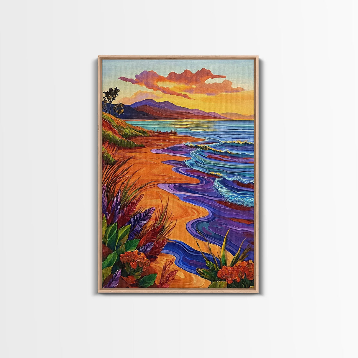 Vibrant Beach Sunset, Ocean Waves, Tropical Coastline, Coastal Landscape, Framed Canvas Print, Living Room Wall Art, Colorful Beach Art