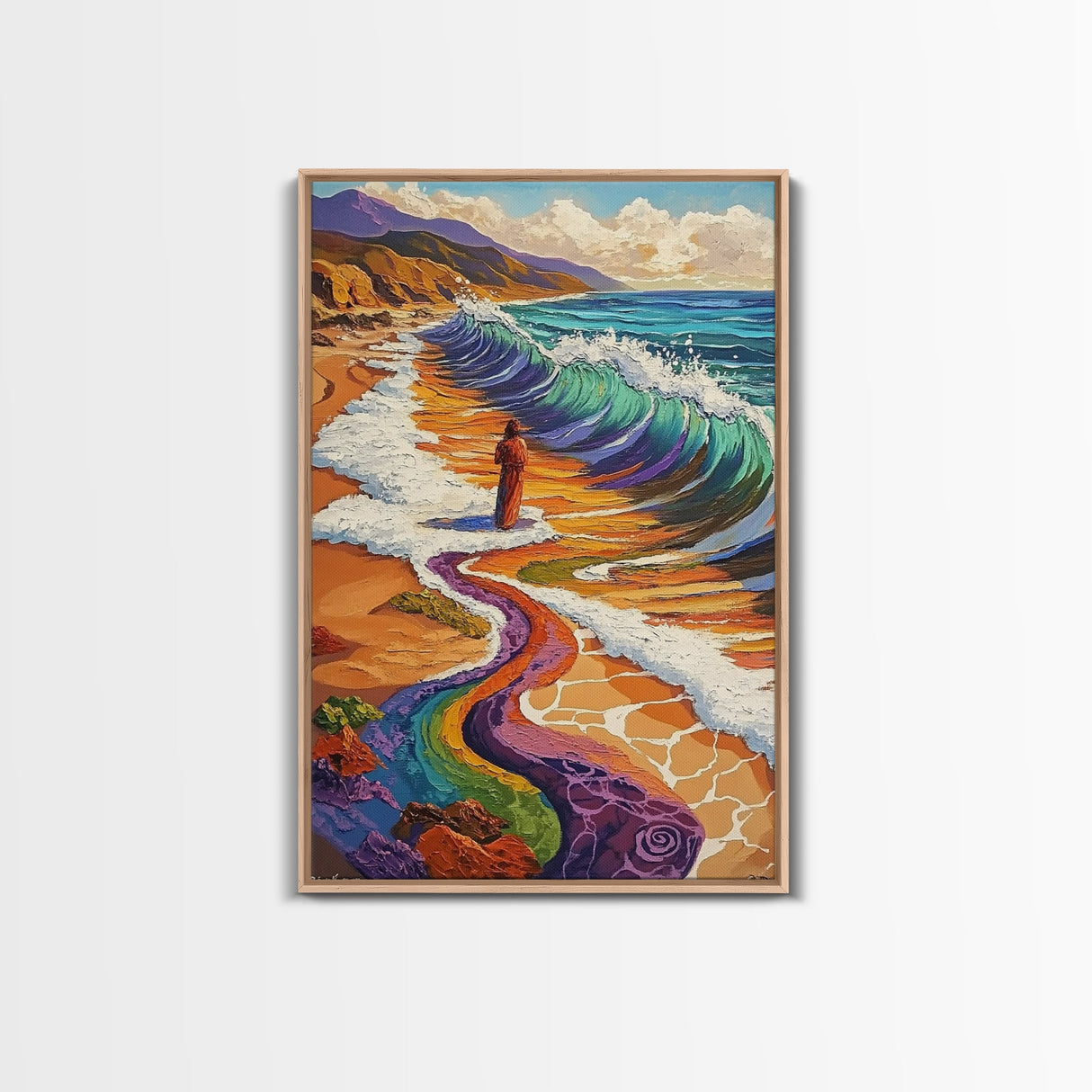 Rainbow Wave, Beach Woman, Mystical Shoreline, Color Explosion, Framed Canvas Print, Spiritual Wall Art, Vibrant Meditation Art
