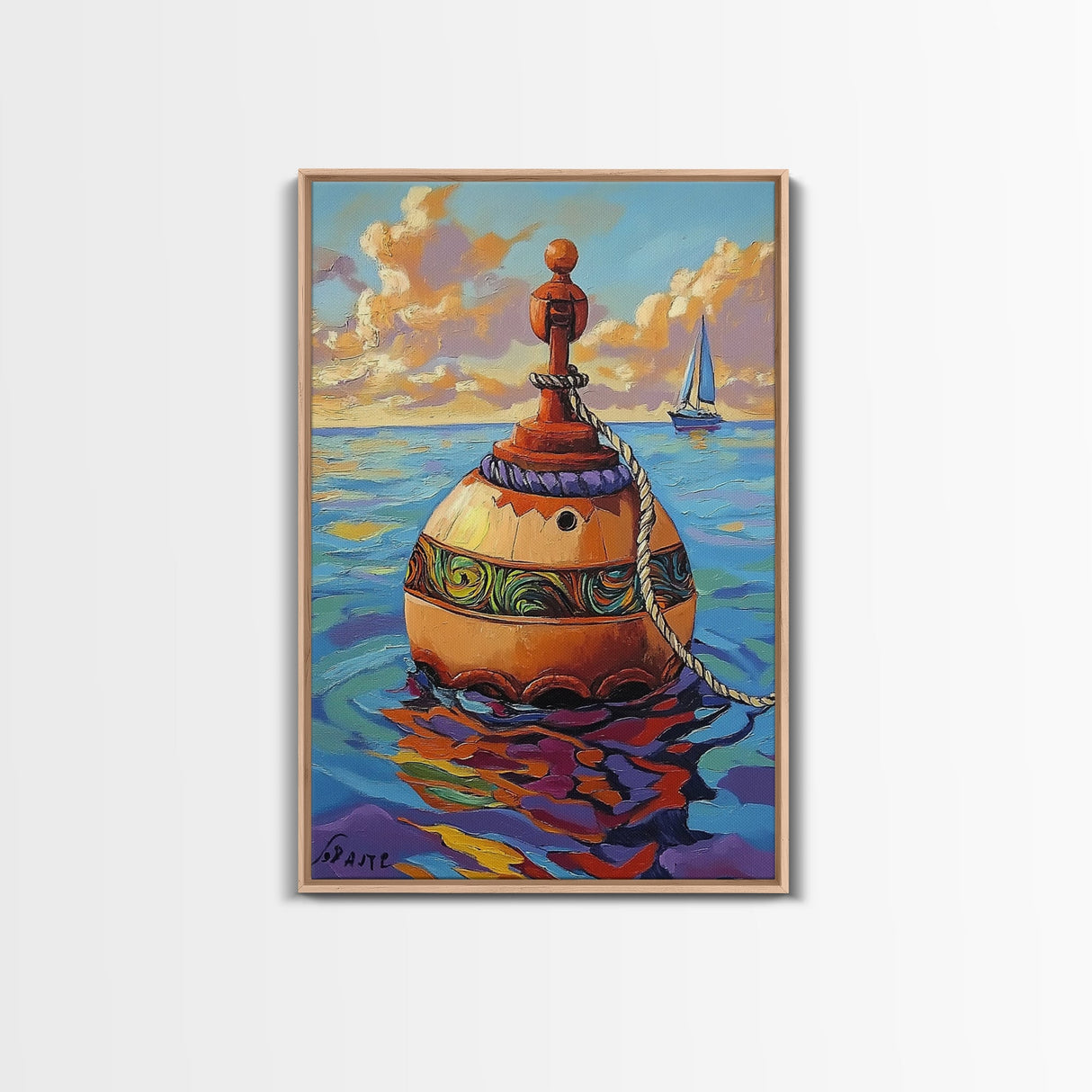Buoy Ocean Sailboat Painting, Framed Canvas Print, Nautical boho decor, beach home wall art, coastal sunset colors, lakehouse vibe