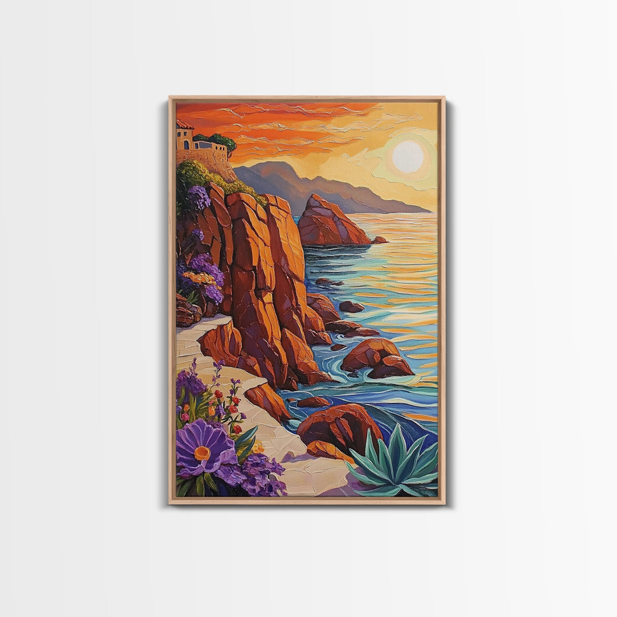 Sunset Coast, Rocky Shore, Ocean Glow, Golden Hour, Framed Canvas Print, Living Room Wall Art, Nature Landscape Decor, Coastal Fall Artwork
