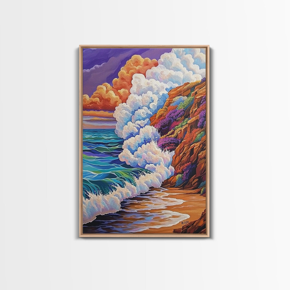 Ocean Wave, Sunset Sky, Rocky Coast, Vibrant Sea — Framed Canvas Print beach wall decor, colorful ocean art, coastal living room wall art