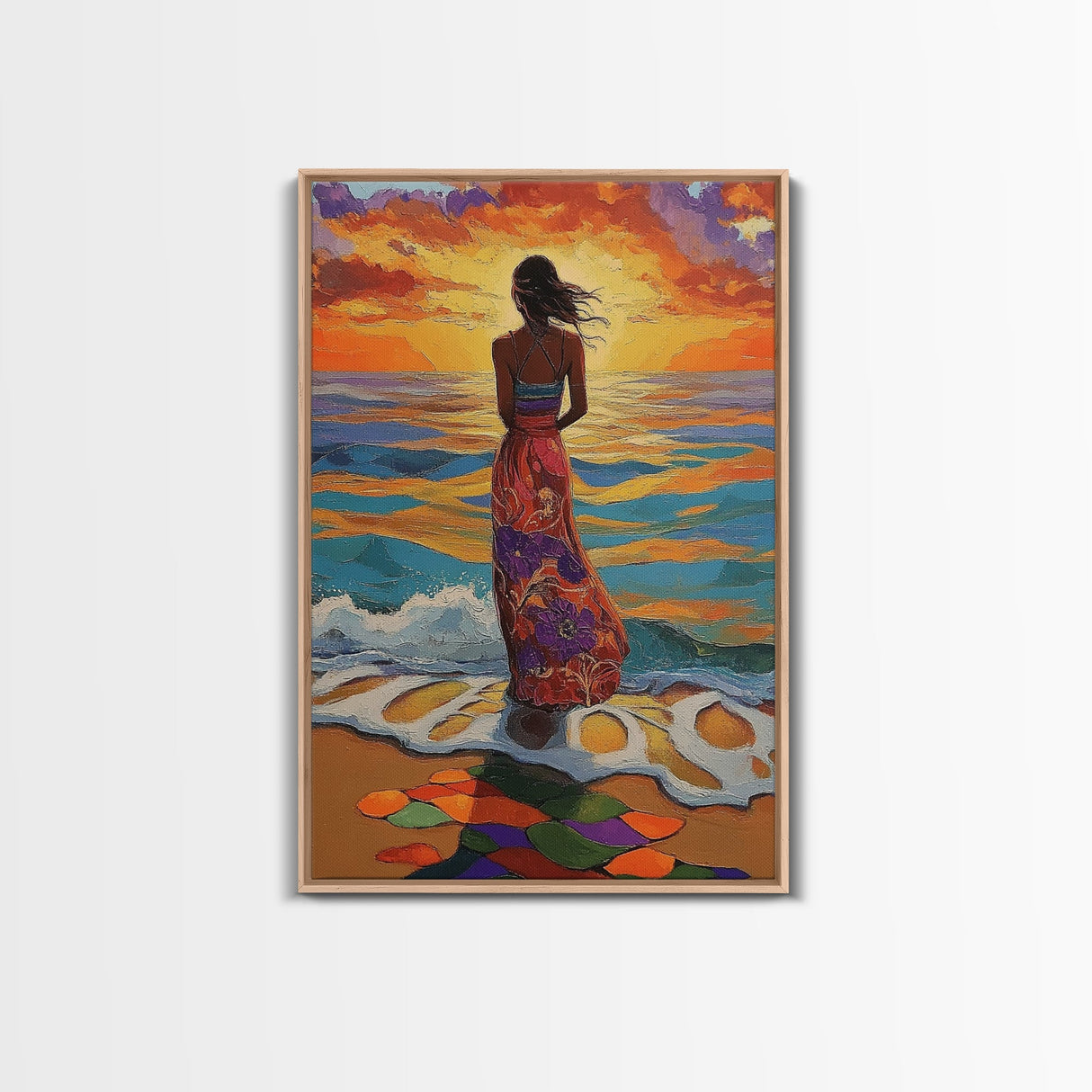Sunset Beach Woman, Ocean Waves Art, Boho Coastal Decor, Tropical Wall Art, Canvas Print, Living Room Accent, Vibrant Beach Scene