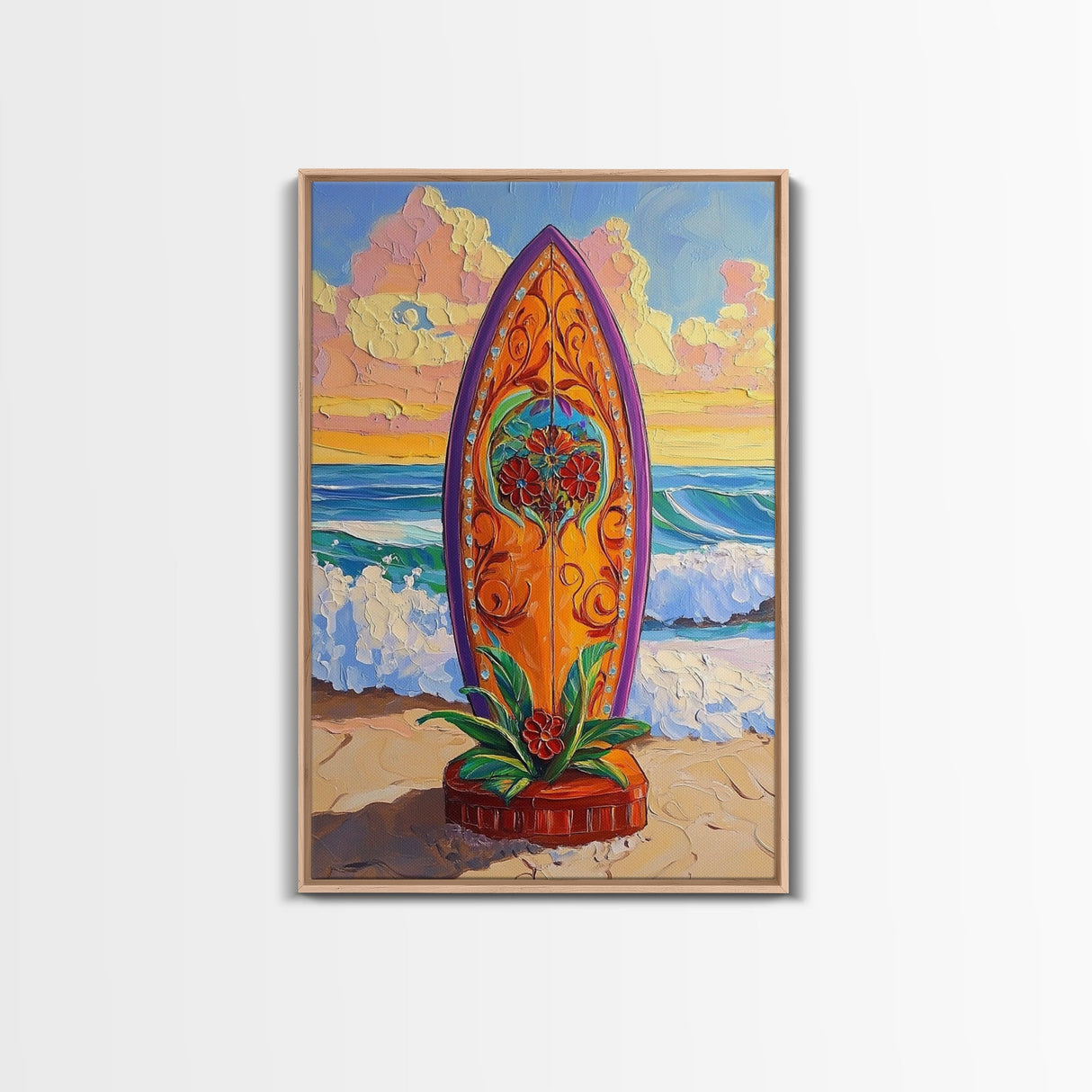 Floral Surfboard Art, Beach Sunset Decor, Tropical Surf Vibe, Canvas Print, Bright Ocean Wall Art, Bathroom Accent, Boho Coastal