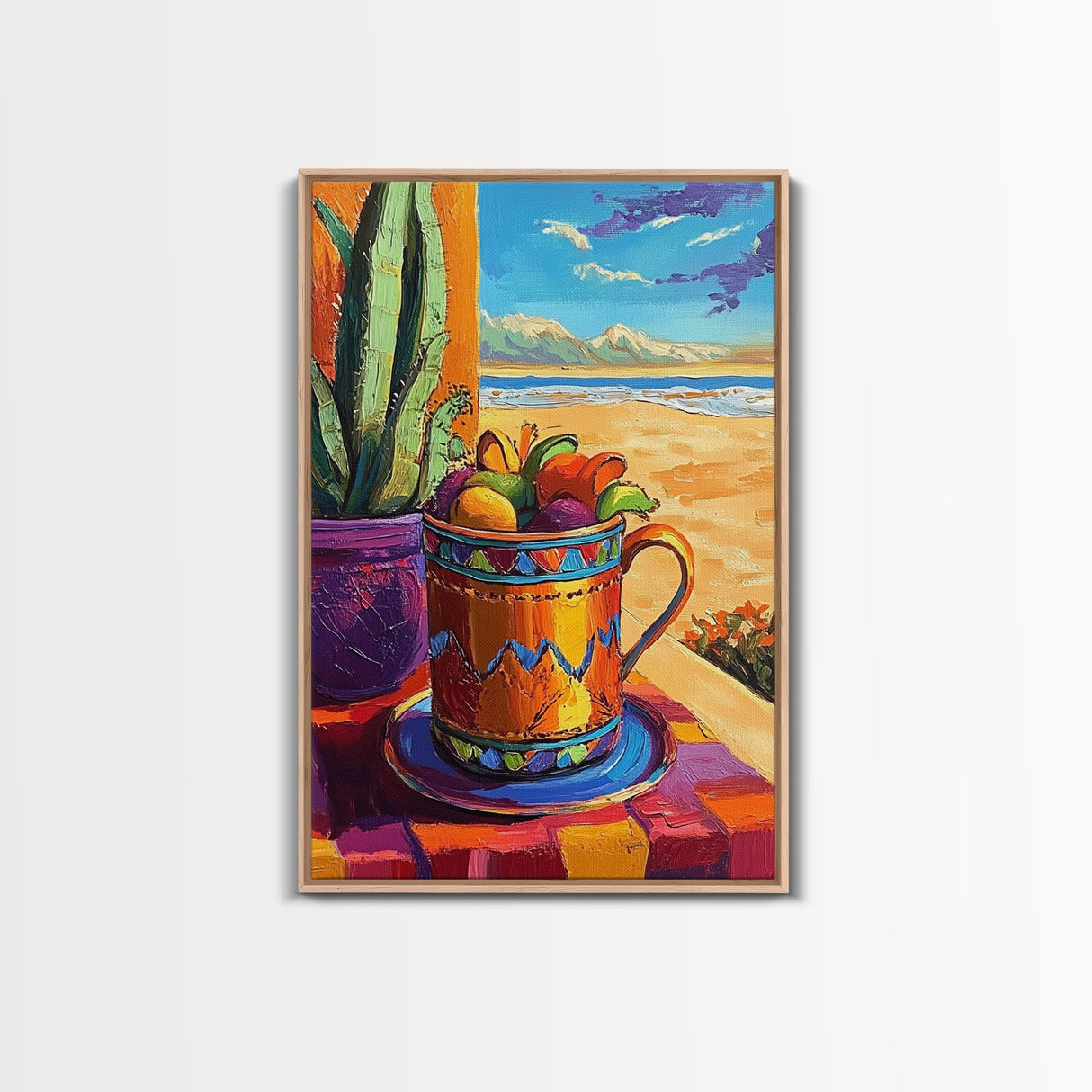 Fruit Mug Art, Coastal Kitchen Decor, Colorful Summer Vibes, Framed Canvas Print, Bright Wall Art, Boho Dining Room Accent