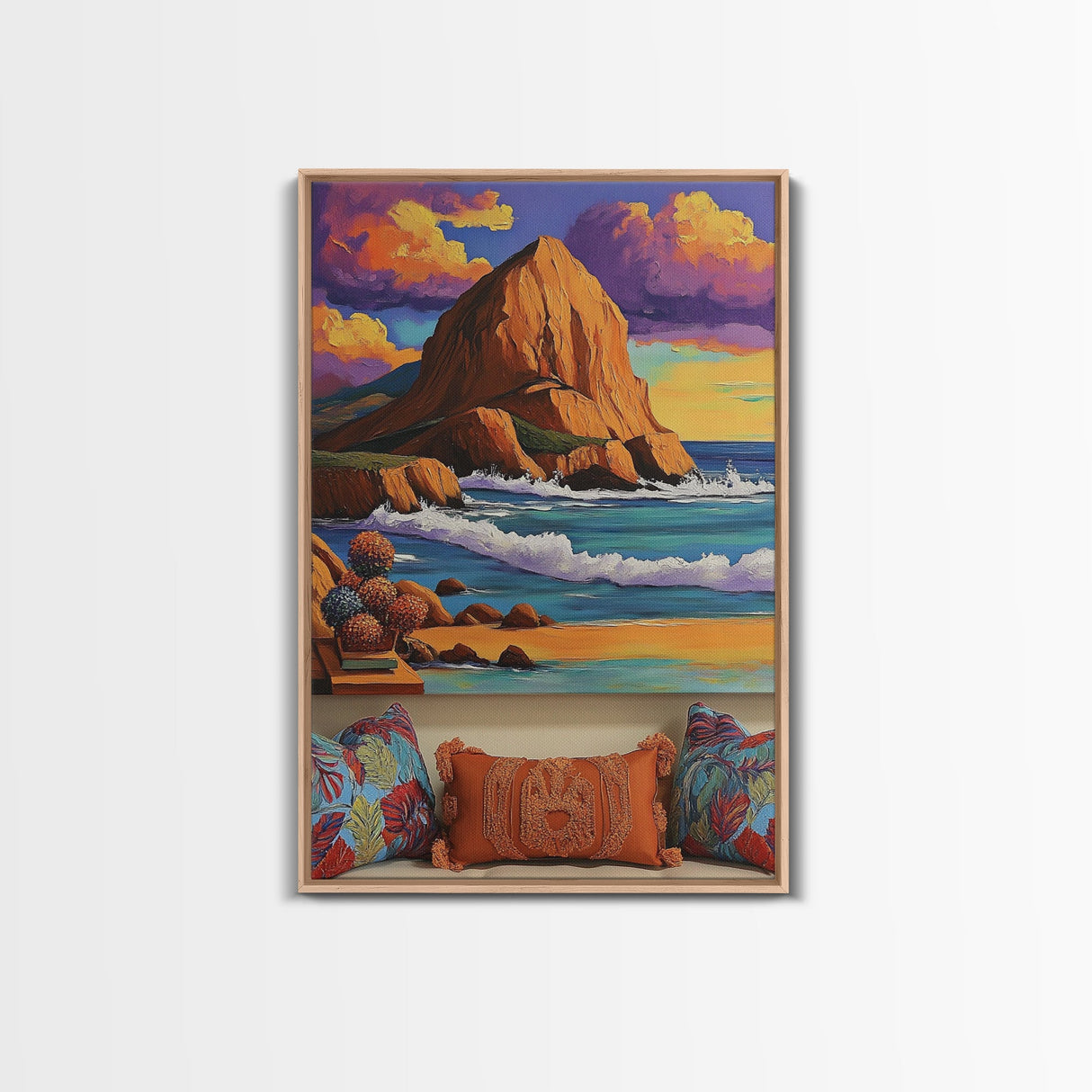 Sunset Beach, Cliffs, Waves, Framed Canvas Print vibrant coastal wall art, beach house decor, ocean cliffs, boho style, living room wall art