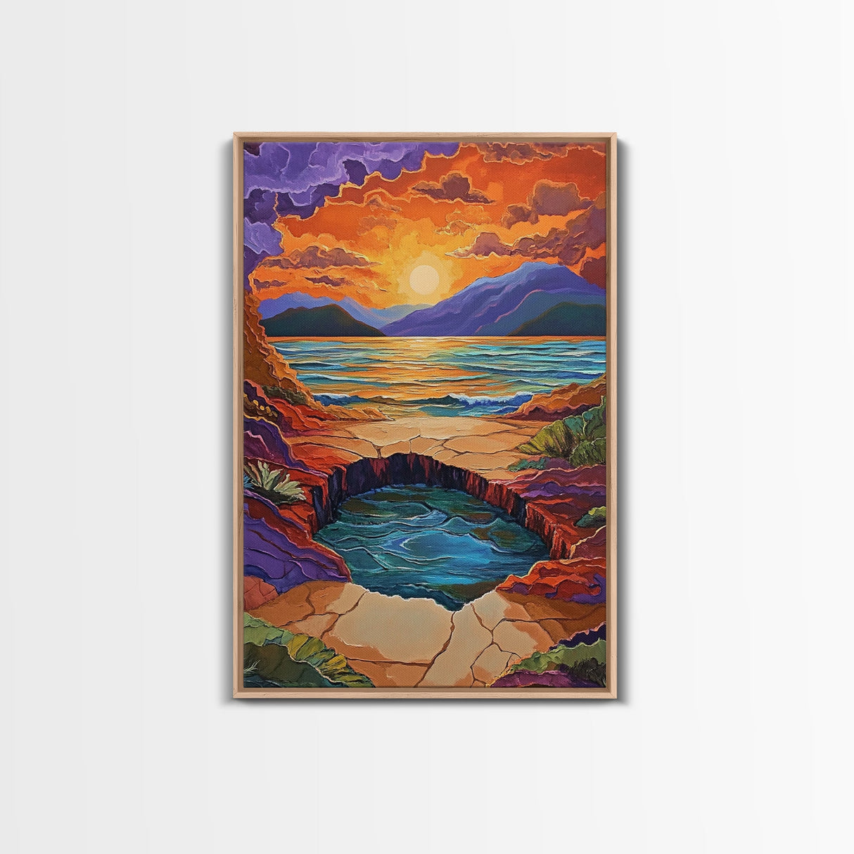 Sunset Lake Reflection, Fiery Sky, Tranquil Water, Mountain Glow, Framed Canvas Print, Bedroom Wall Art, Autumn Decor, Serene Art