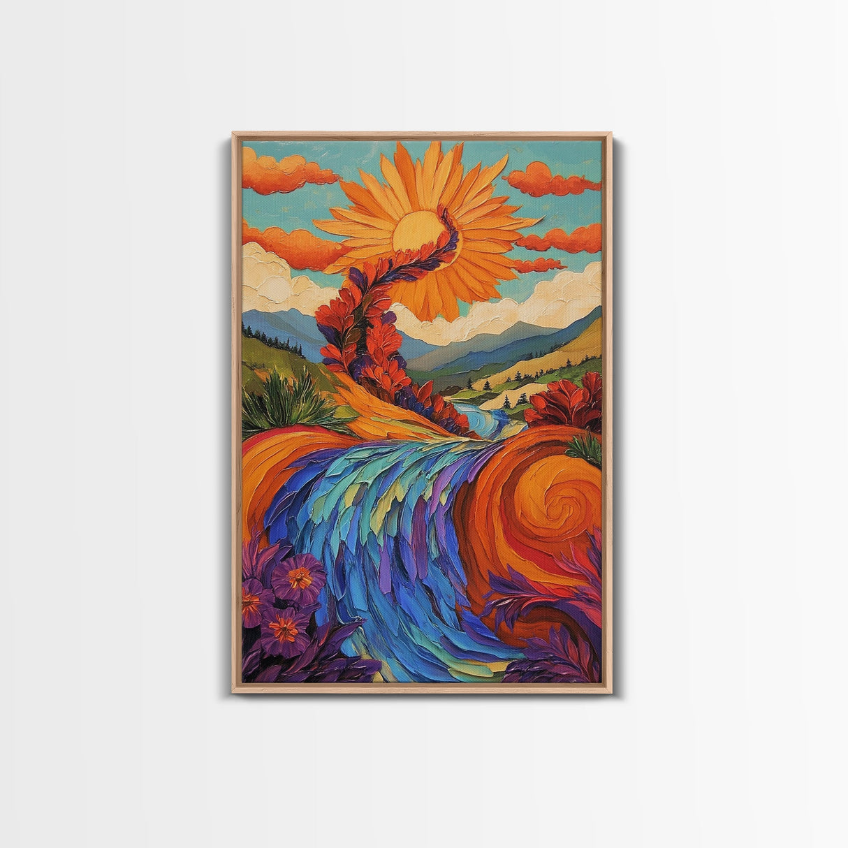 Sunflower River Scene, Whimsical Nature Landscape, Joyful Energy Art, Framed Canvas Print, Bright Nursery Wall Art, Autumn Boho Style