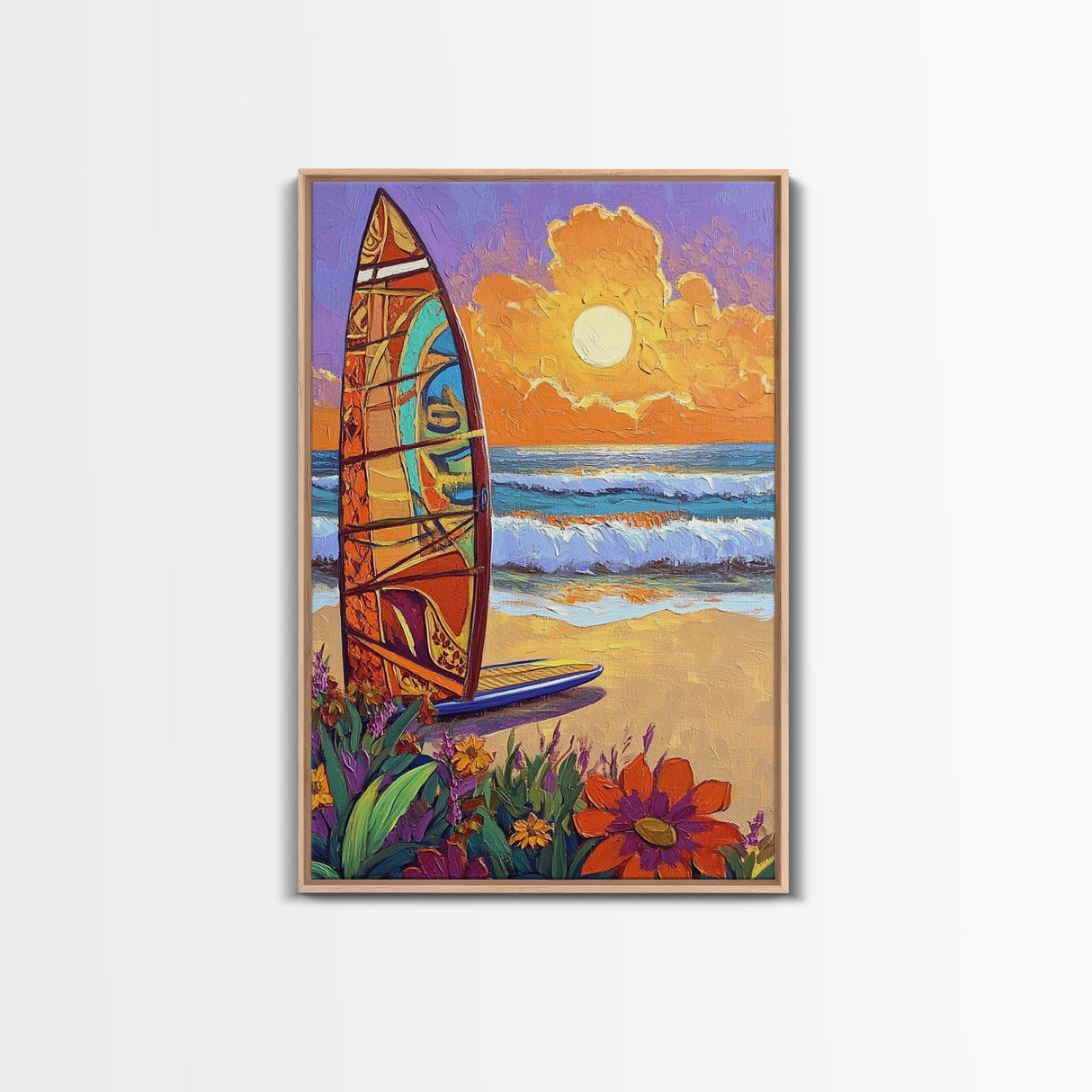 Surfboard Sunset, Ocean View, Floral Beach, Boho Style, Framed Canvas Print, beach lover gift, tropical home decor, coastal living wall art