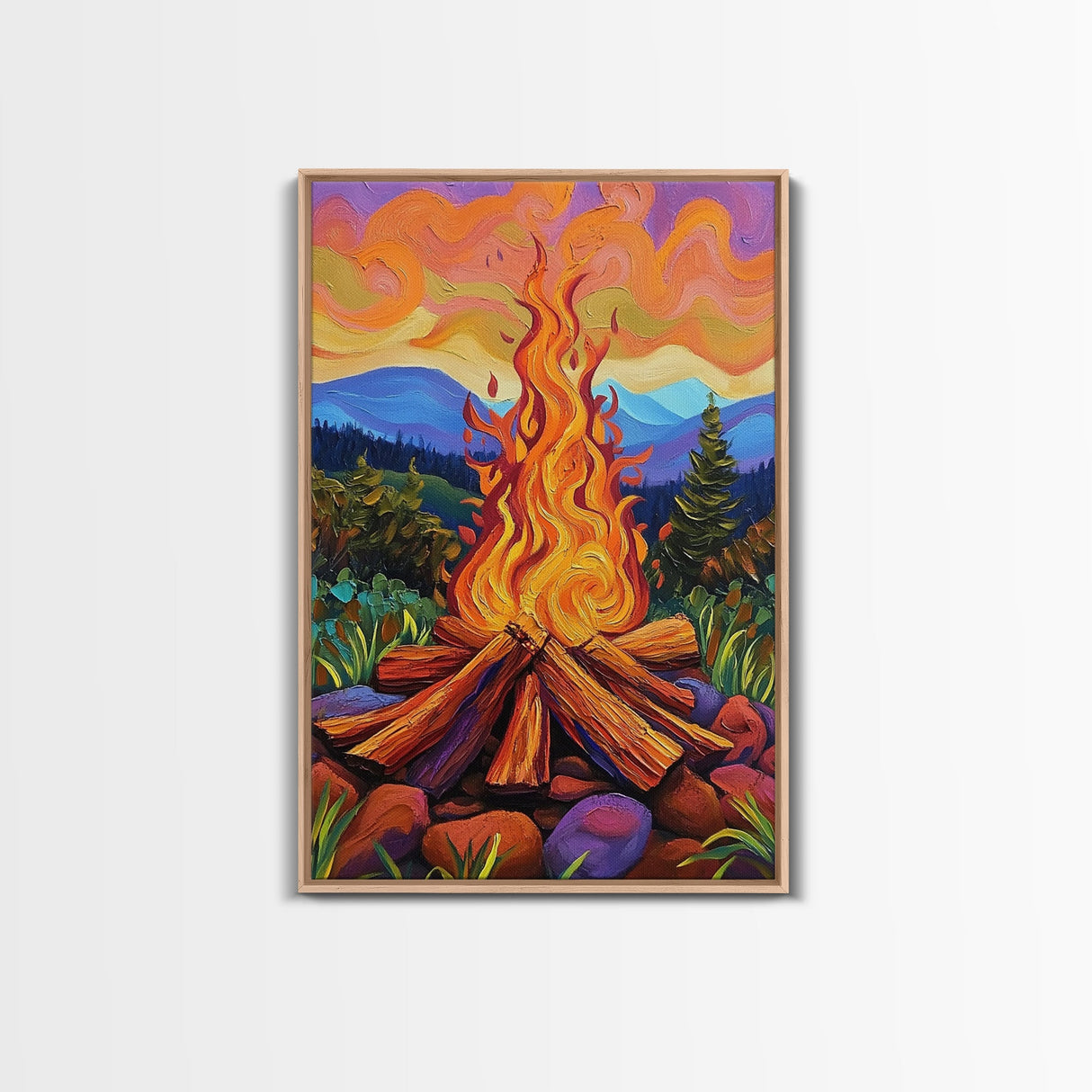 Flames Forest, Dusk, Firelight, Framed Canvas Print rustic bonfire wall art, forest painting, Autumn cabin decor, cozy living room wall art
