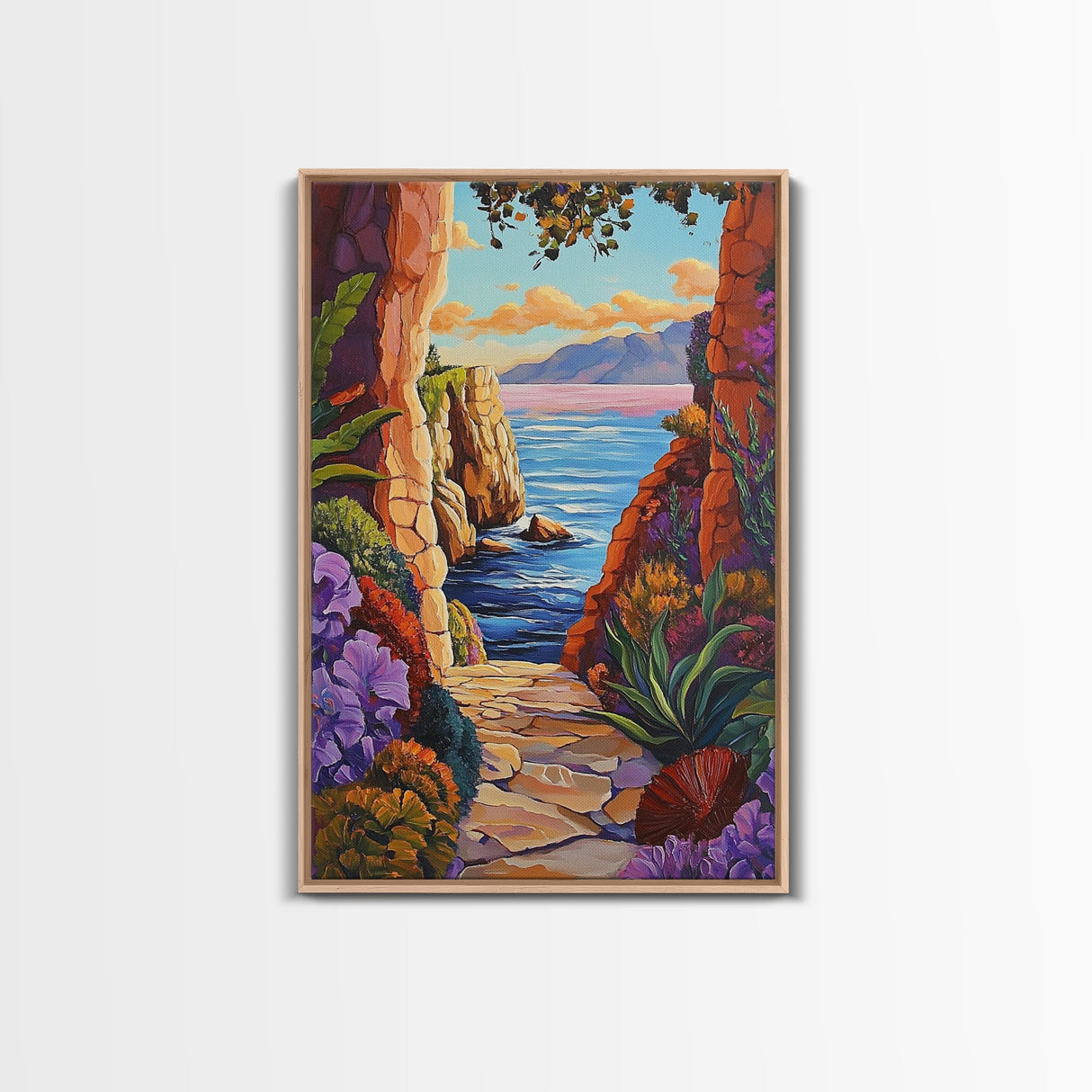 Pathway Ocean, Archway, Colorful Coastal View, Framed Canvas Print, Bohemian Hallway Art, Tropical Escape Decor, Vibrant Travel Scene