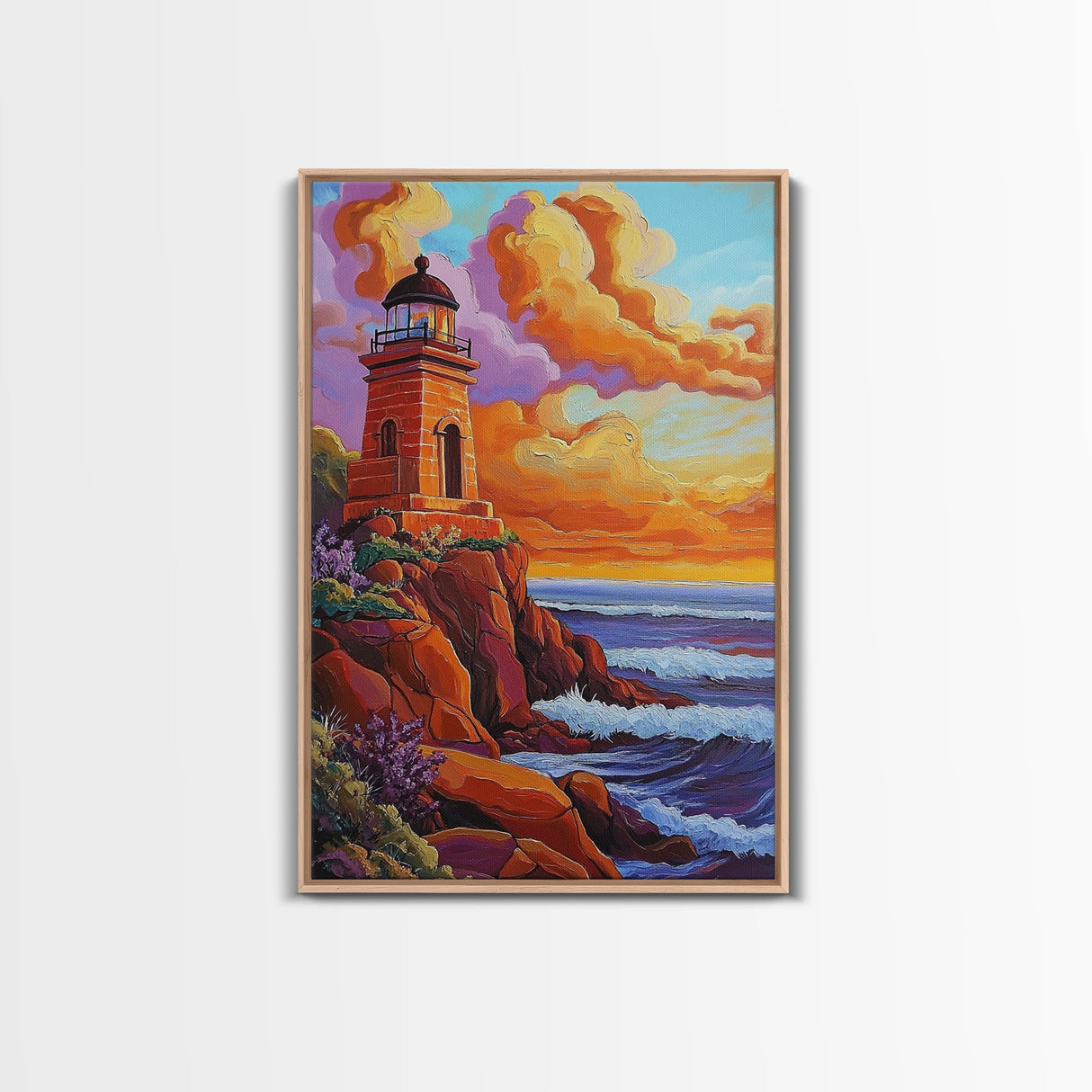 Lighthouse Sunset, Waves, Dramatic Coastal Sunset, Framed Canvas Print, Nautical Office Wall Art, Fall Coastal Decor, Bold Color Painting