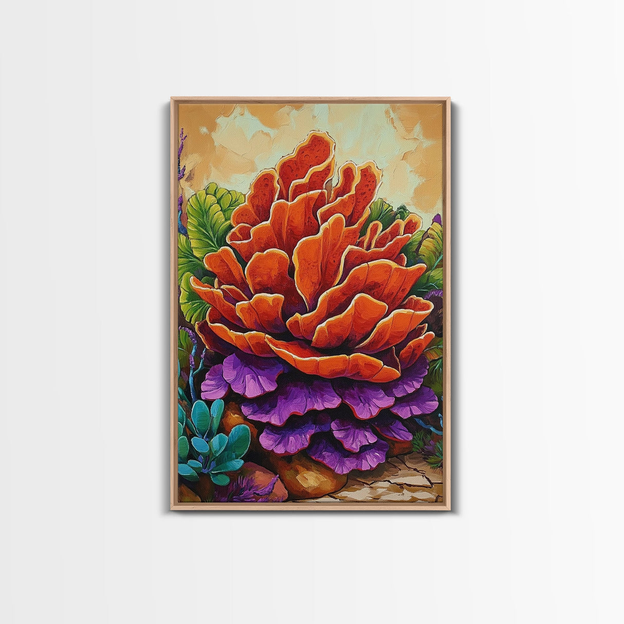 Succulent, Cactus, Orange, Purple, Framed Canvas Print, Bold desert succulent bloom art in orange and purple, living room statement piece
