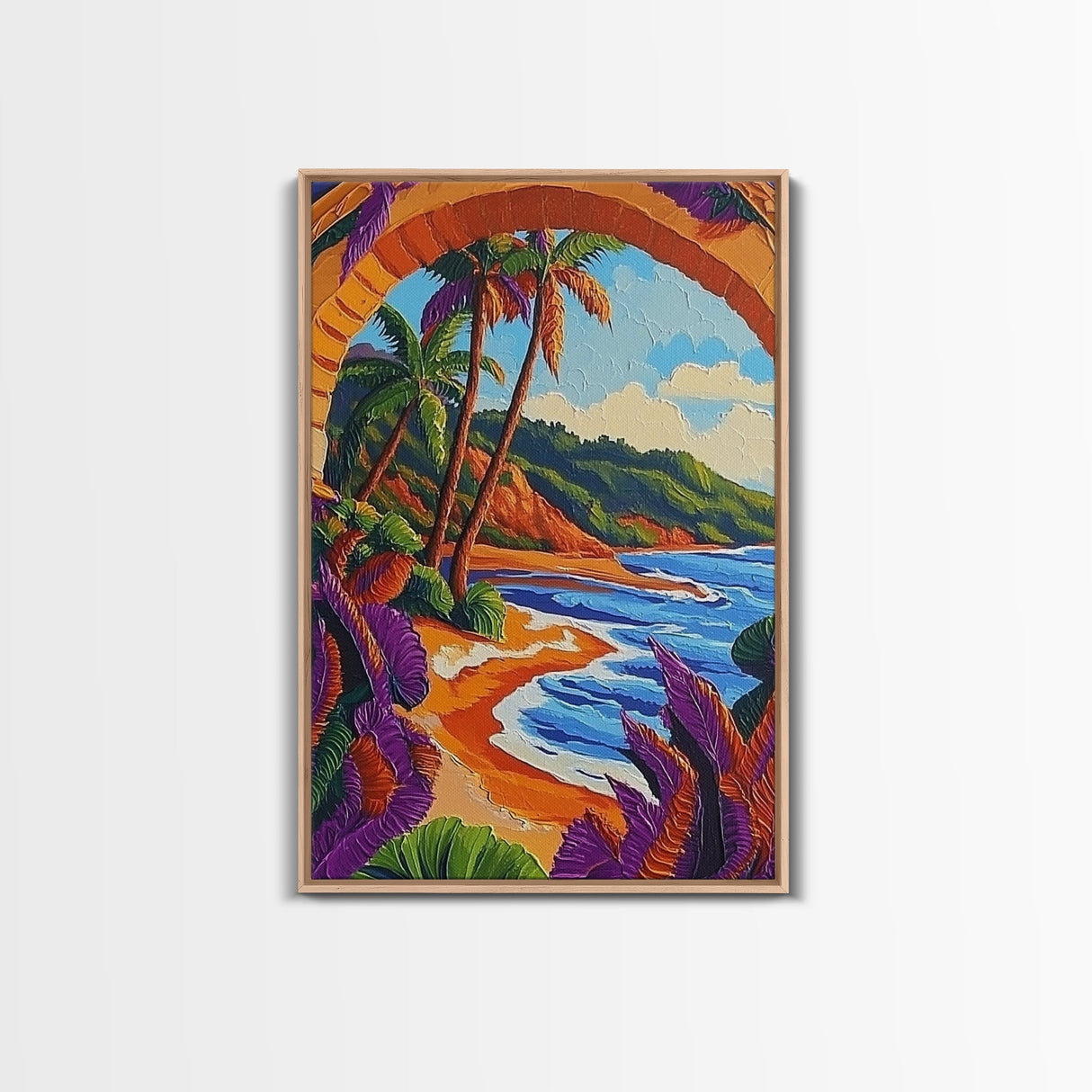 Tropical Palm, Beach, Archway, Canvas Print, Vibrant tropical beach with palm trees through archway, boho bedroom island-inspired wall decor