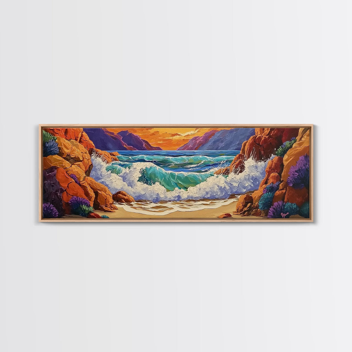 Ocean Wave, Rocky Coast, Vibrant Sunset, Nature Seascape, Framed Canvas Print, Coastal Wall Art, Beach Bathroom Decor, Colorful Seascape Art