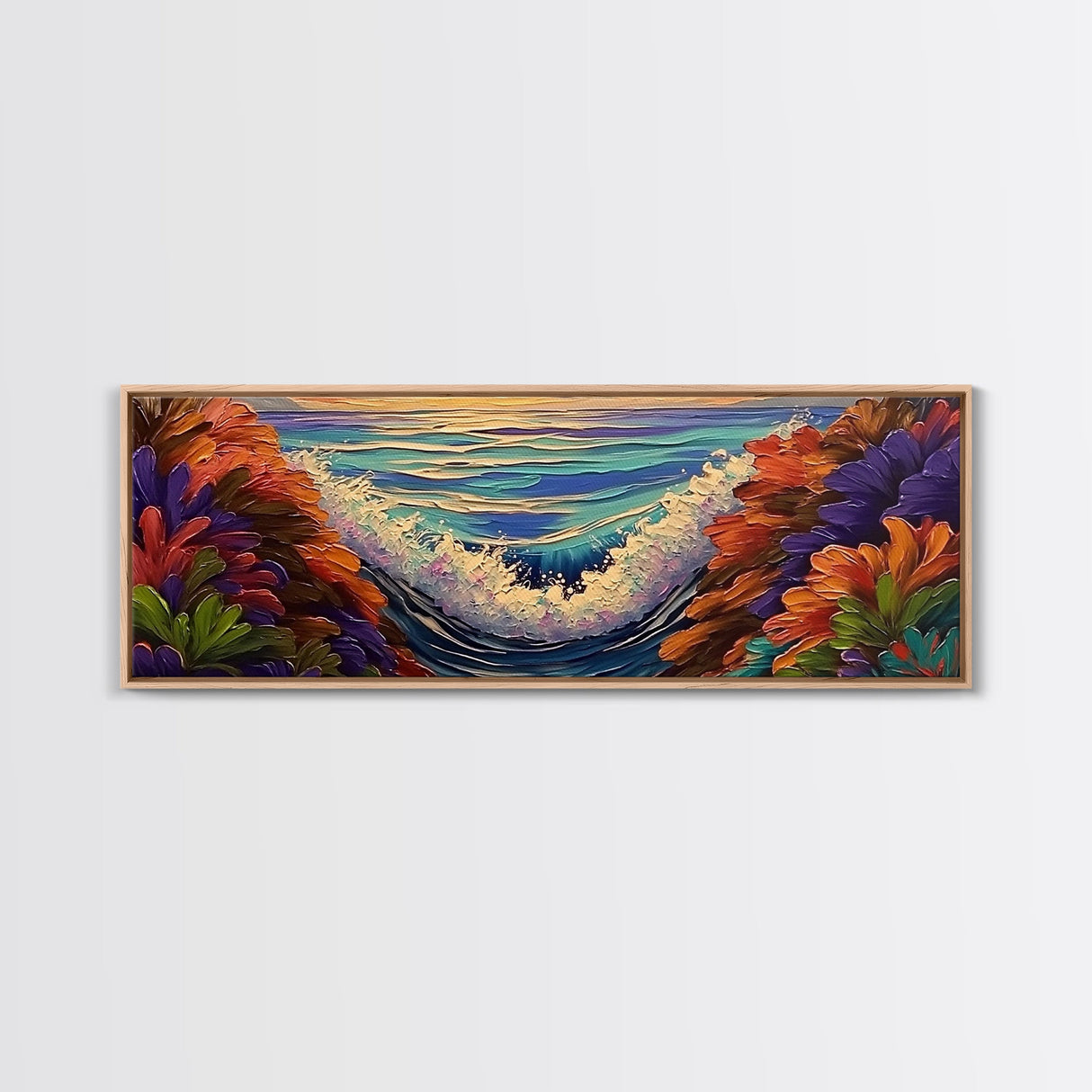 Sunset Waves, Floral Reef, Coastal Water, Colorful Nature, Framed Canvas Print, Bathroom Wall Art, Beach Vibes, Bright Seascape Art