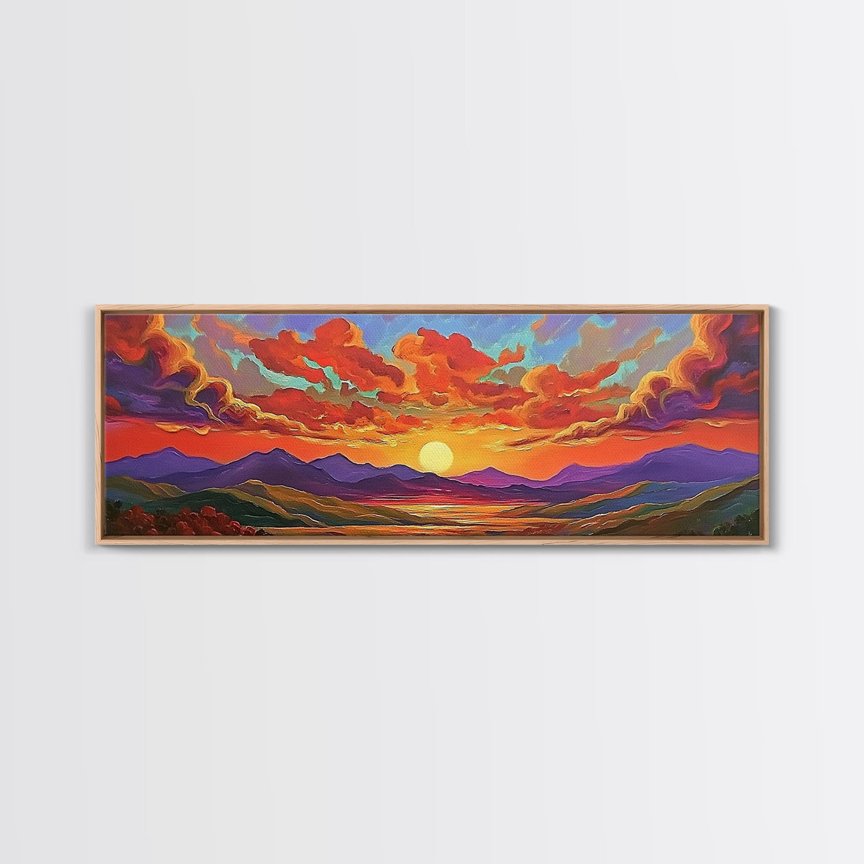 Sunset Cloudscape, Vibrant Sky Painting, Colorful Wall Decor, Nature Scene, Autumn Palette Living Room Framed Canvas Print, Office Art