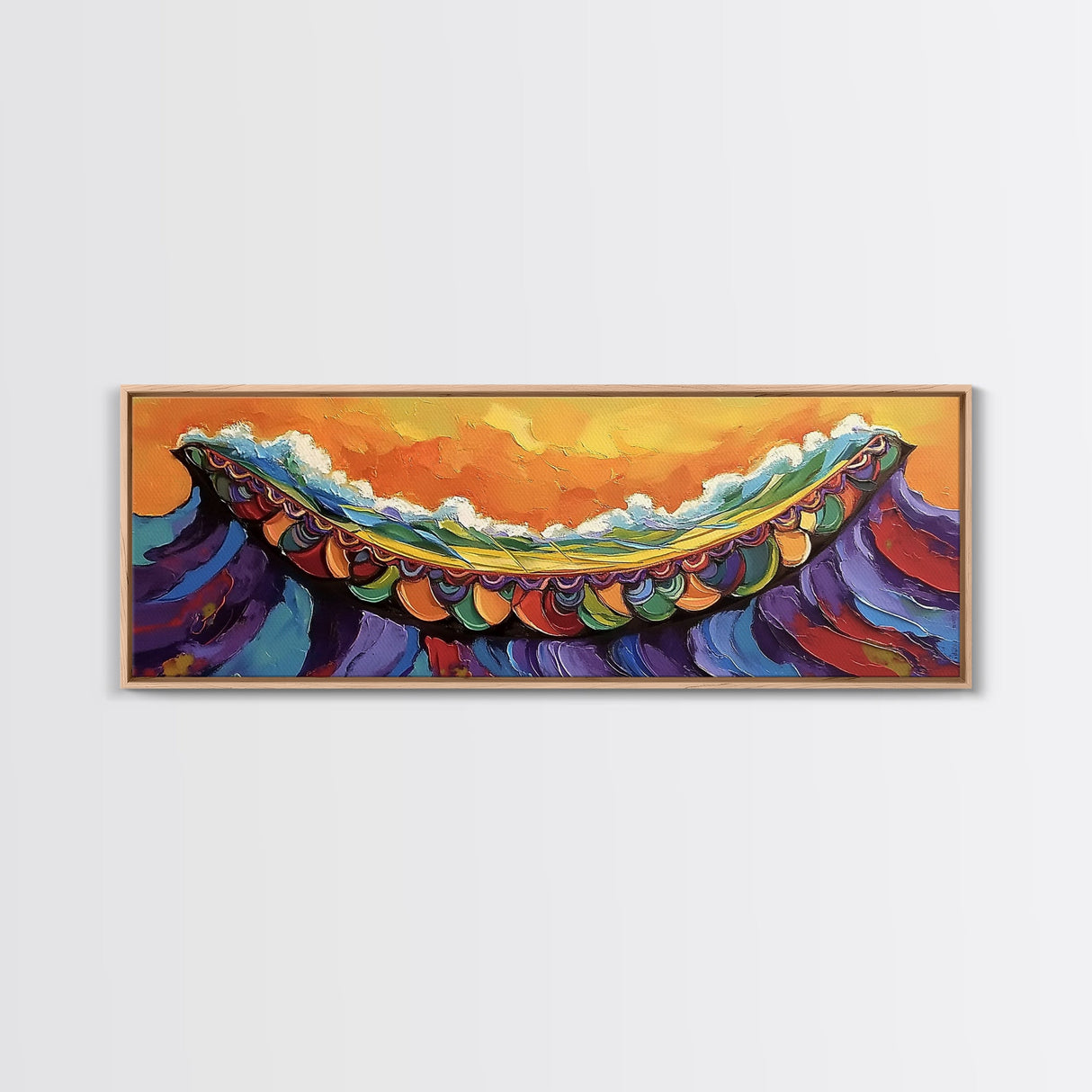 Carnival Wave, Festive Ocean, Playful Waters, Framed Canvas Print, beach bathroom art, coastal fun painting, surf wall decor
