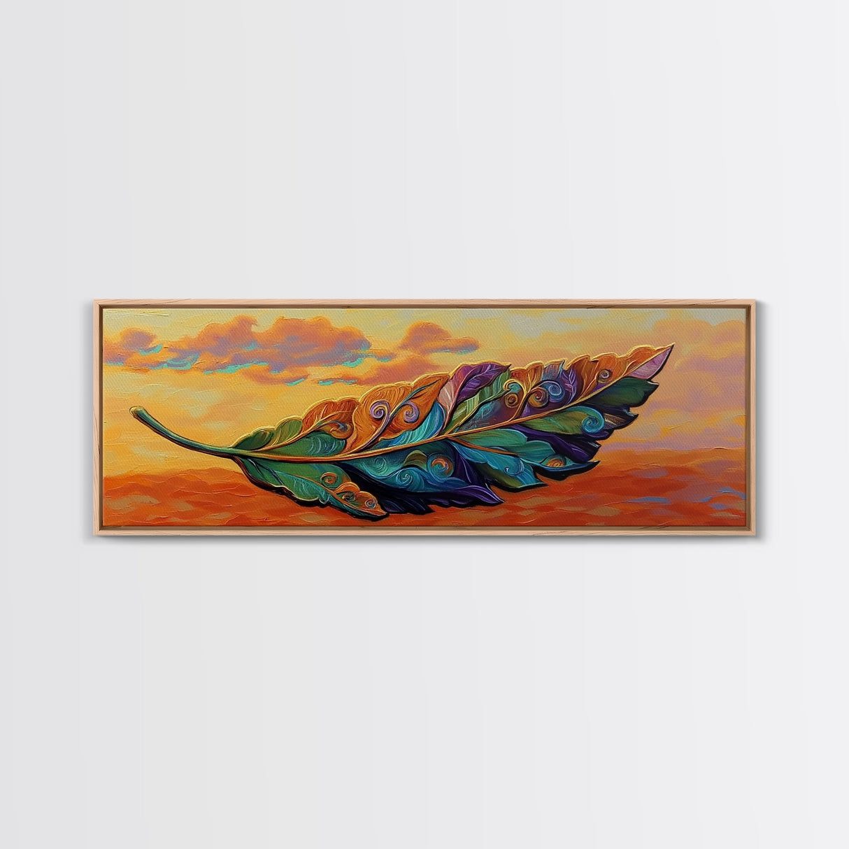 Colorful Leaf Art, Sunset Nature Decor, Vibrant Feather Design, Framed Canvas Print, Boho Wall Art, Entryway Accent Piece