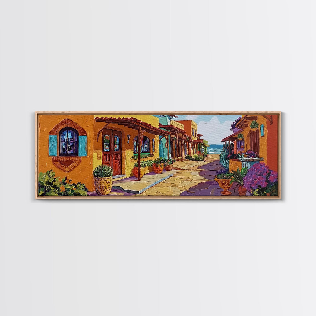 Coastal Village Street, Colorful Adobe Homes, Mediterranean Scene, Framed Canvas Print, Kitchen Wall Art, Rustic Living Room Decor