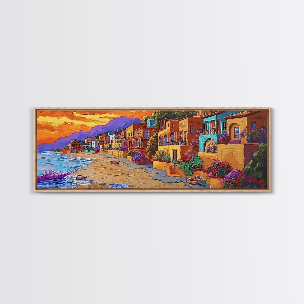 Seaside Village Sunset, Colorful Coastal Homes, Vibrant Ocean View, Framed Canvas Print, Beach House Decor, Bohemian Art