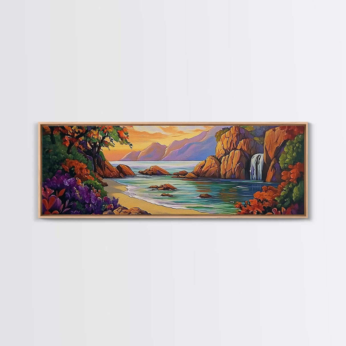 Waterfall Cove, Sunset Seascape, Tropical Paradise, Nature Retreat, Framed Canvas Print, Bathroom Wall Art, Vibrant Coastal Art