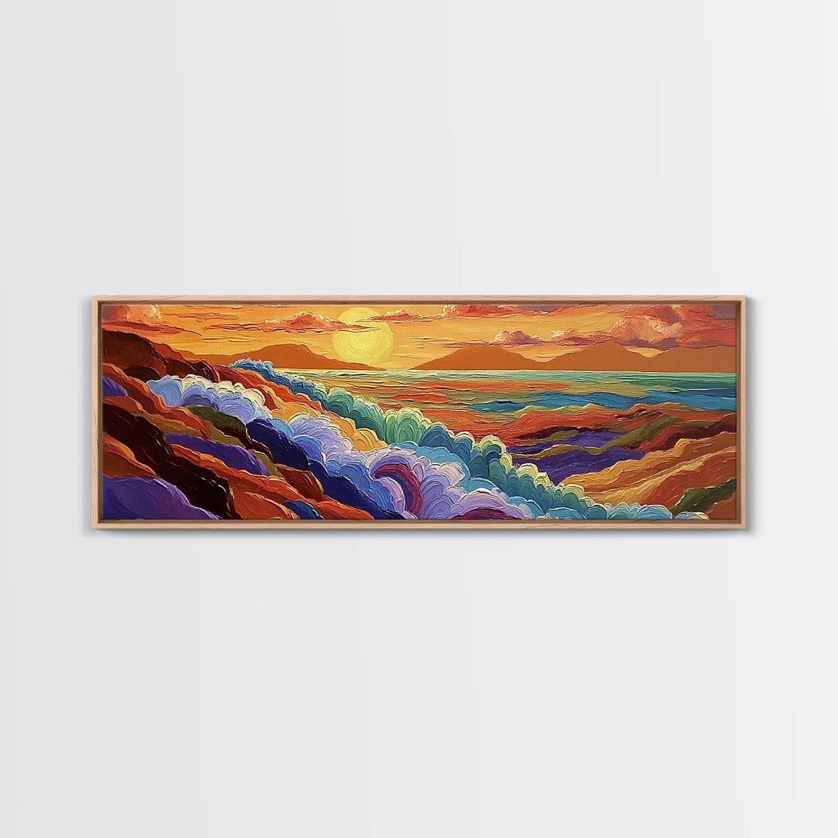 Rainbow Waves, Abstract Seascape, Sunset Magic, Bold Ocean Energy, Framed Canvas Print, Modern Wall Art, Artistic Living Room Decor