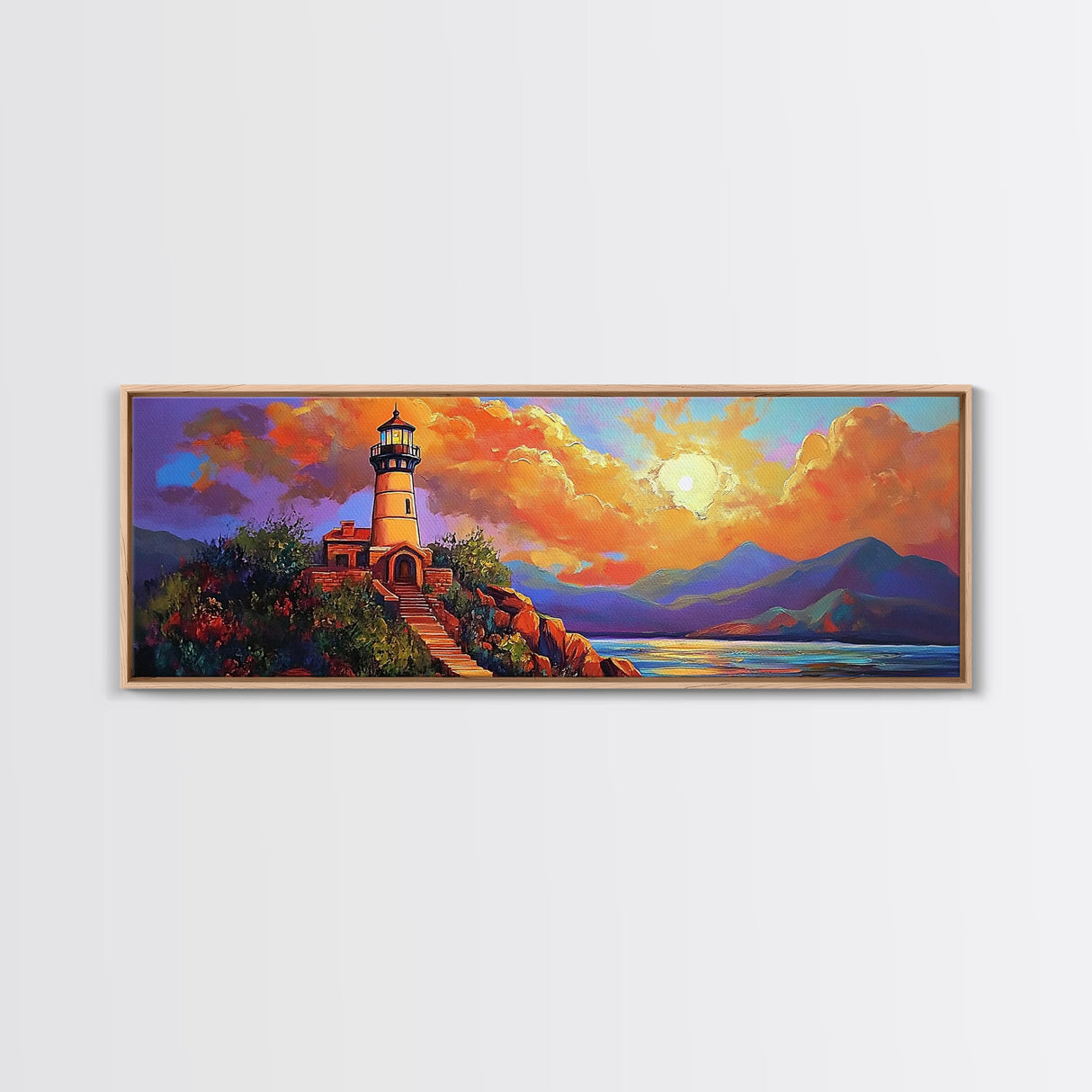 Lighthouse Sunset, Coastal Path, Mountain Horizon, Framed Canvas Print, nautical wall art, romantic sunset, boho living room decor