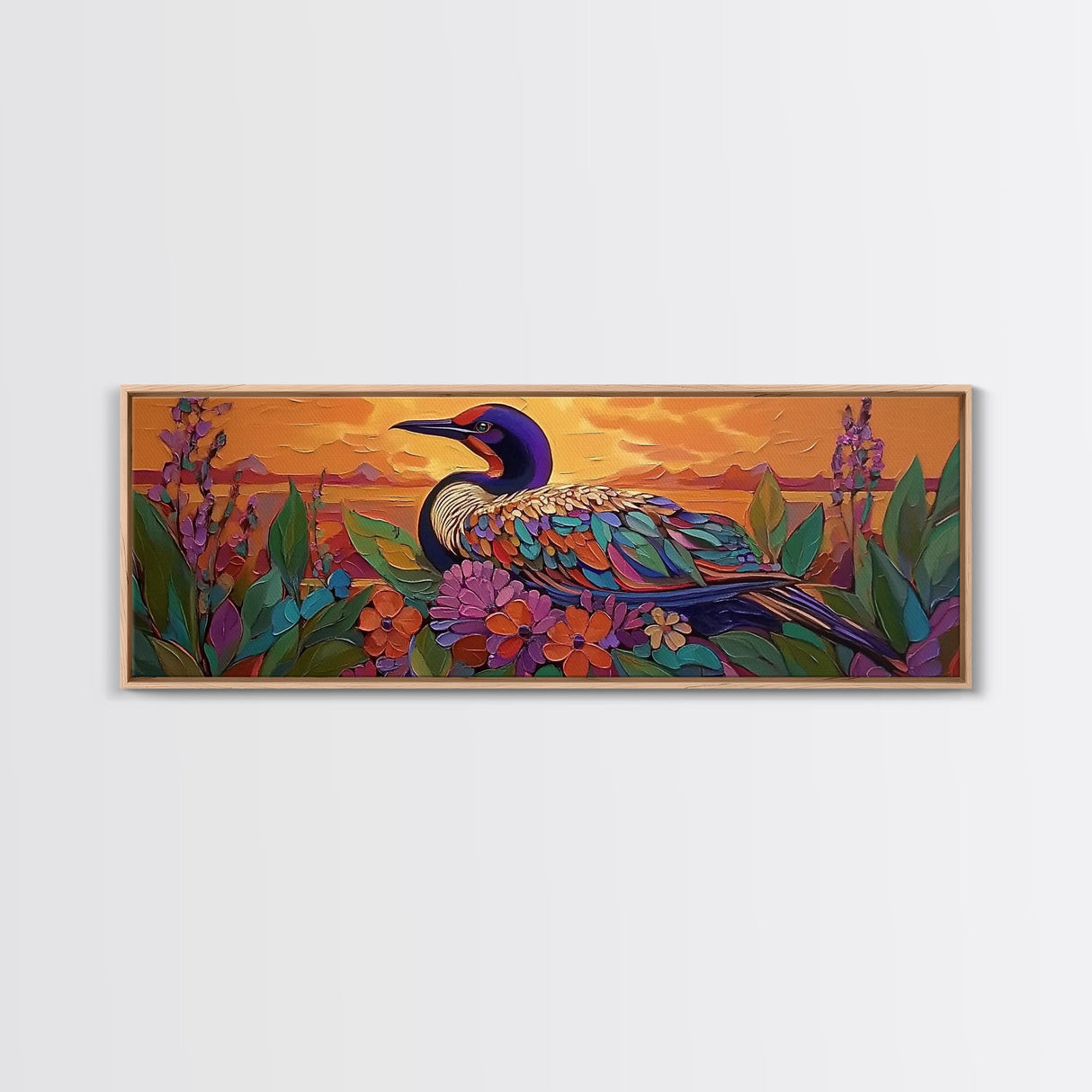 Sunset Bird, Floral Loon, Vibrant Nature, Colorful Wildlife, Canvas Print, cabin wall art, rustic boho art, birdwatcher gift